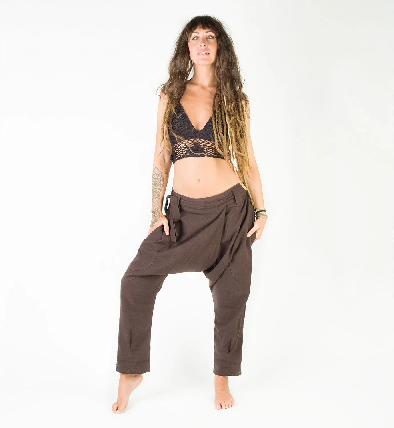 Afghani Harem Drop Crotch Pants Full Length, Brown Handmade Comfortable Yoga Gypsy Boho Alibaba Aladdin Festival with two Pockets AJJAYA