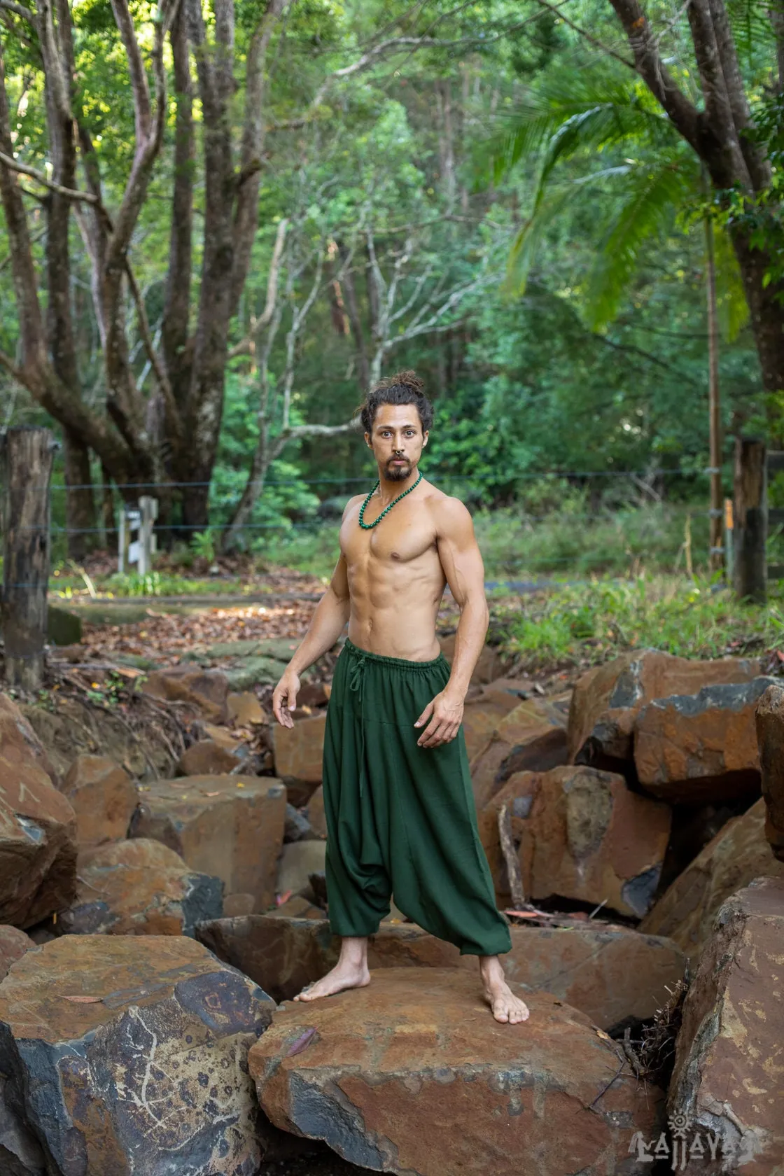 Aladdin Mens Drop Crotch Cotton Pants Green Yogi Ashtanga Asana Harem Alibaba Yoga Afghani pocket trousers comfortable tai chi gong AJJAYA