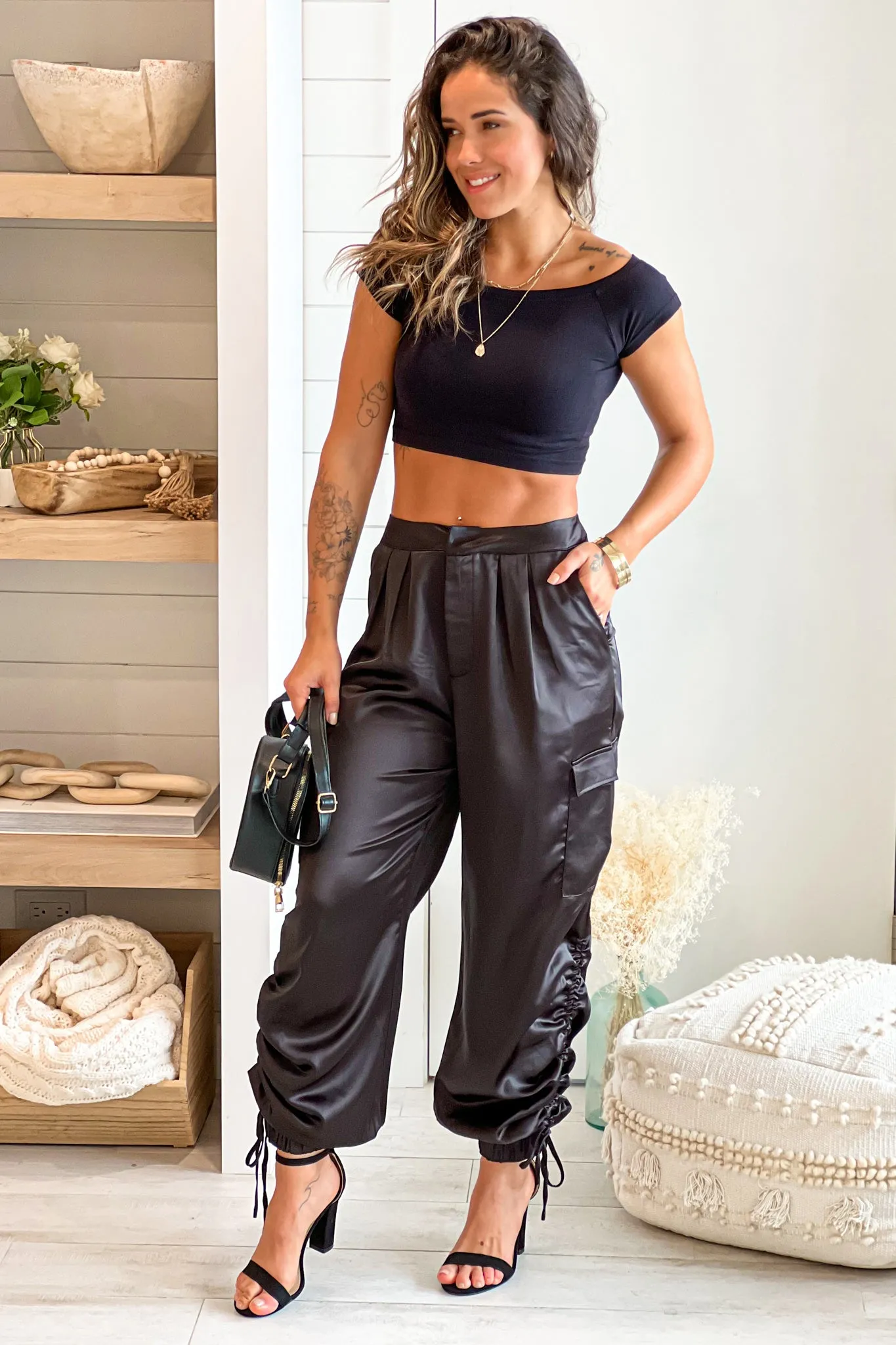 Black Satin Relaxed Cargo Pants