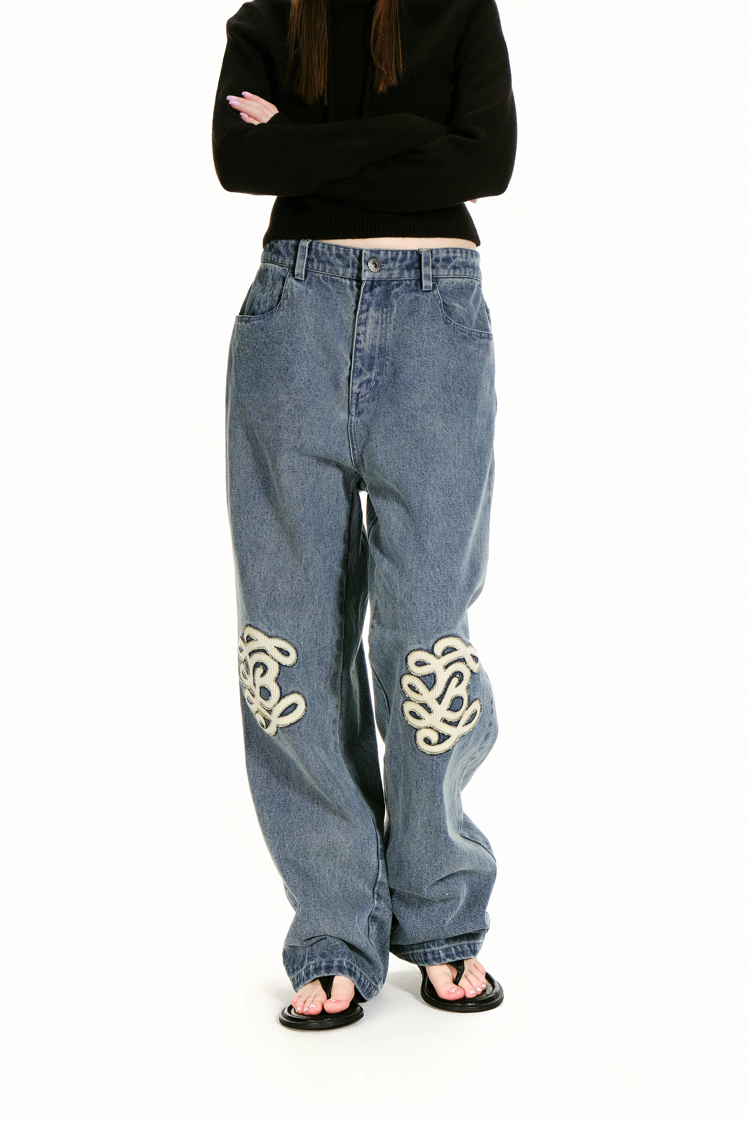 Classic Trendy Cotton Applique Pattern Jeans