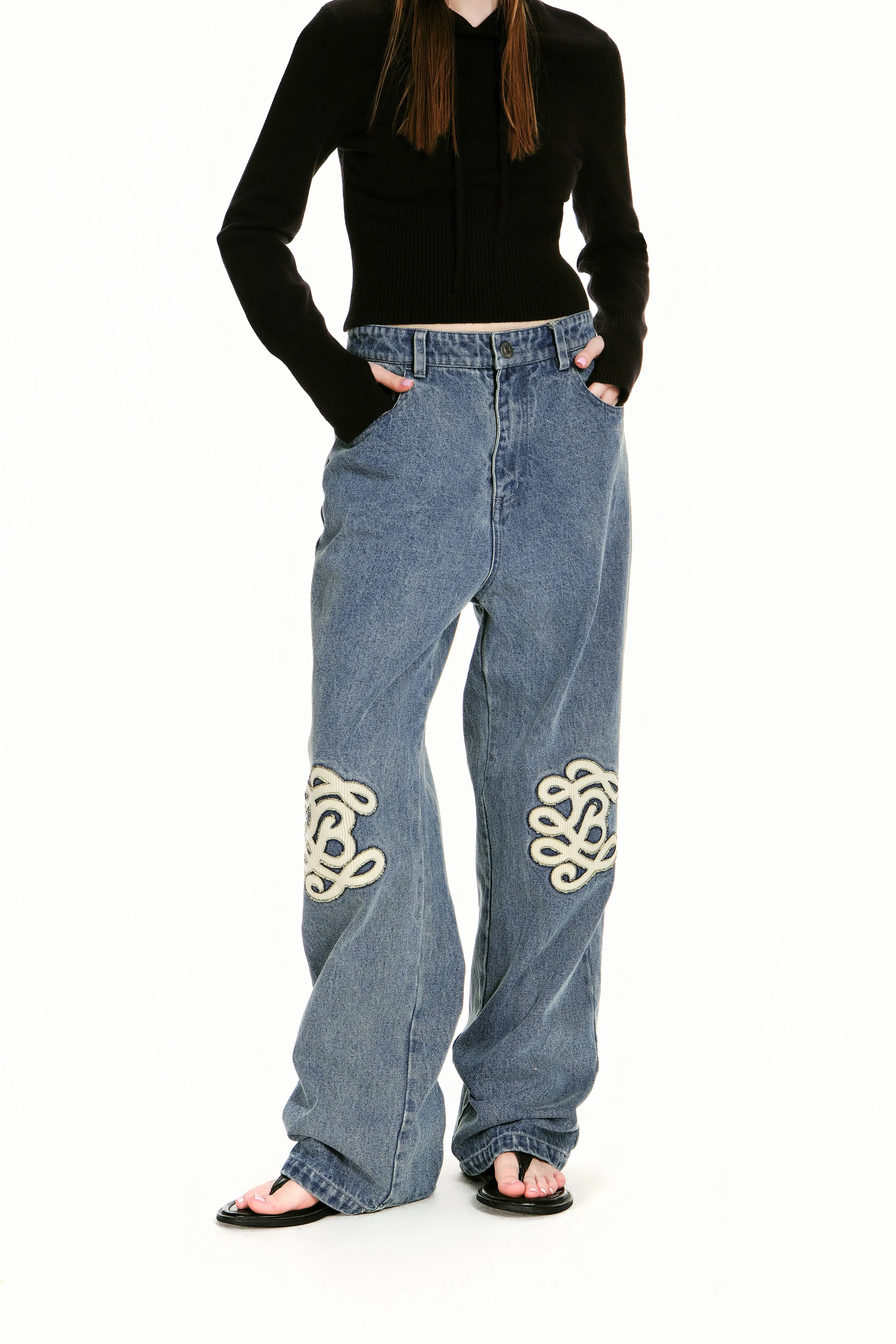 Classic Trendy Cotton Applique Pattern Jeans