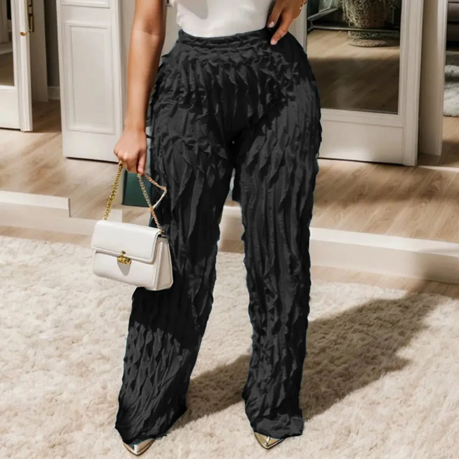 Comfortable Solid Color Mesh Wavy Pattern Wide Leg Ruffled Elastic High Waist Fashionable Pants