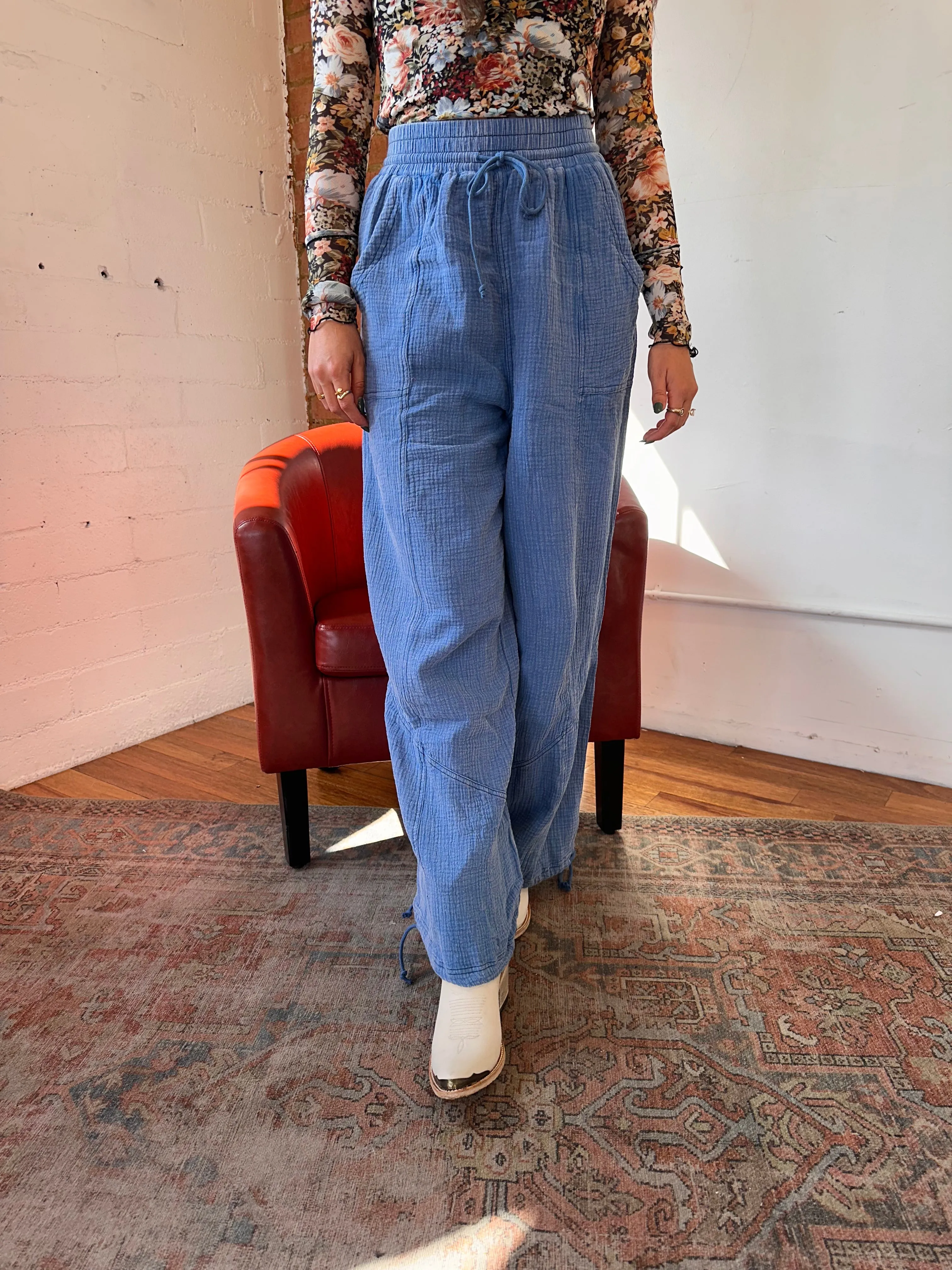 Denim Mineral Washed Crinkle Cotton Parachute Pants