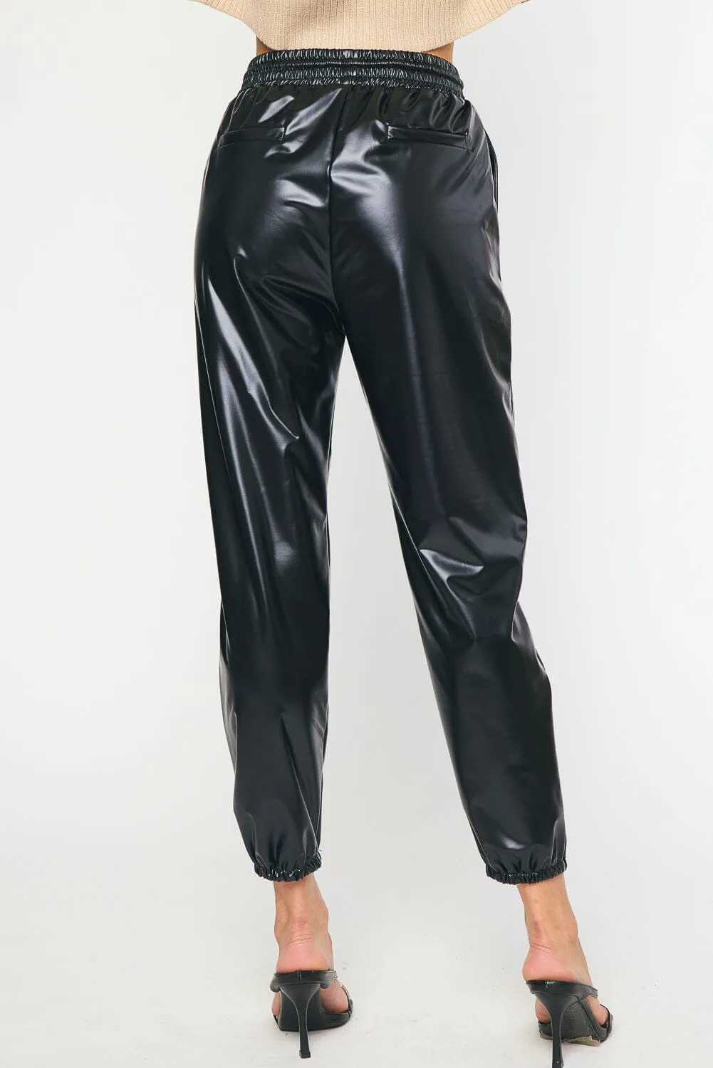 FAUX LEATHER DRAW STRING BLACK JOGGER