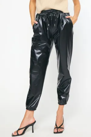 FAUX LEATHER DRAW STRING BLACK JOGGER