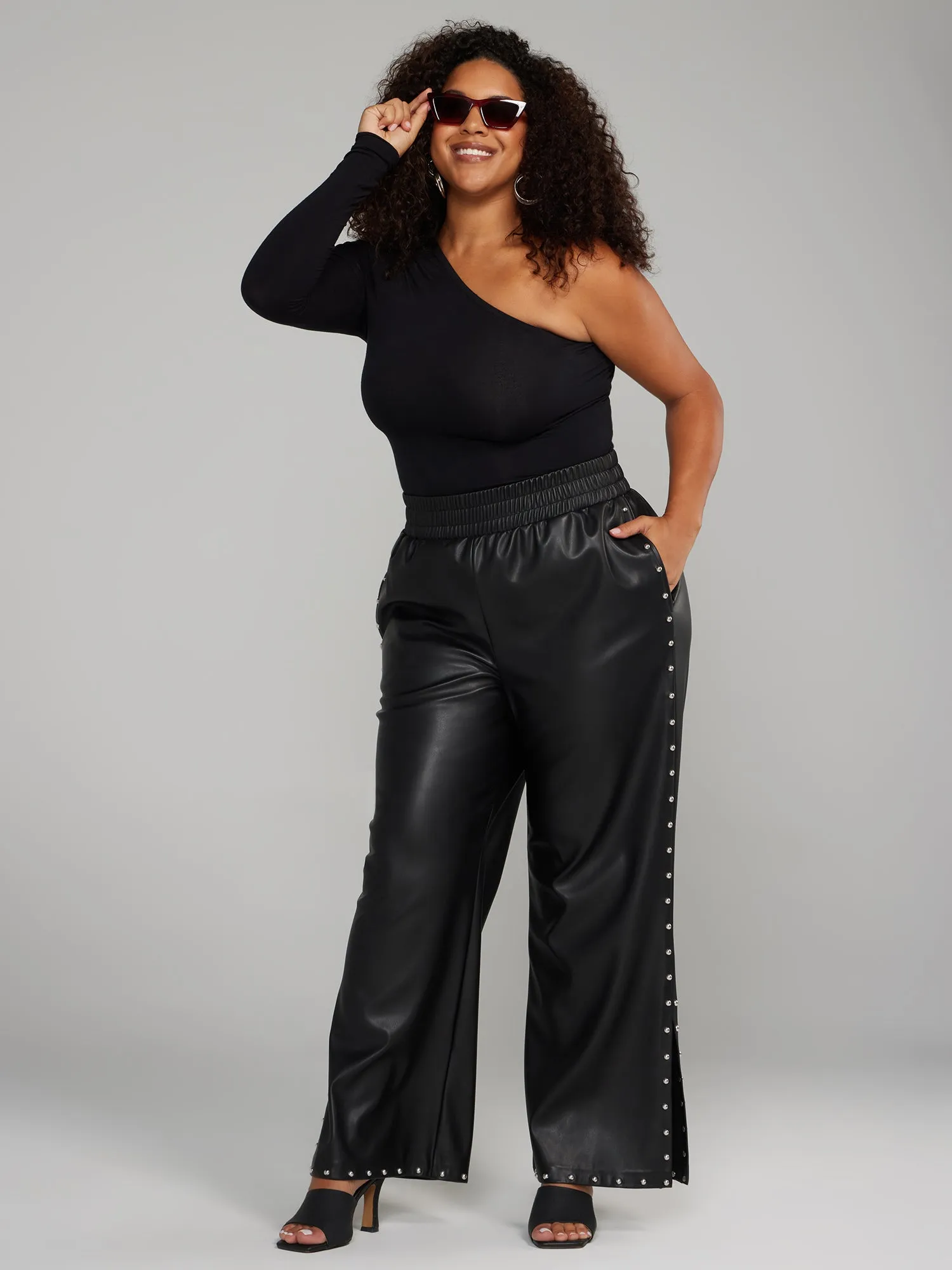 Faux Leather Stud Detail Wide Leg Pants