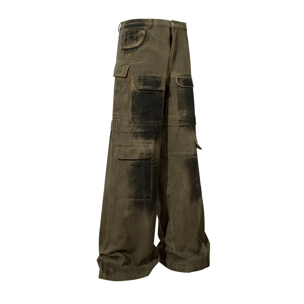 Heavy Industry Spray Paint Distressed Baggy Jeans with Loose Cargo Pants