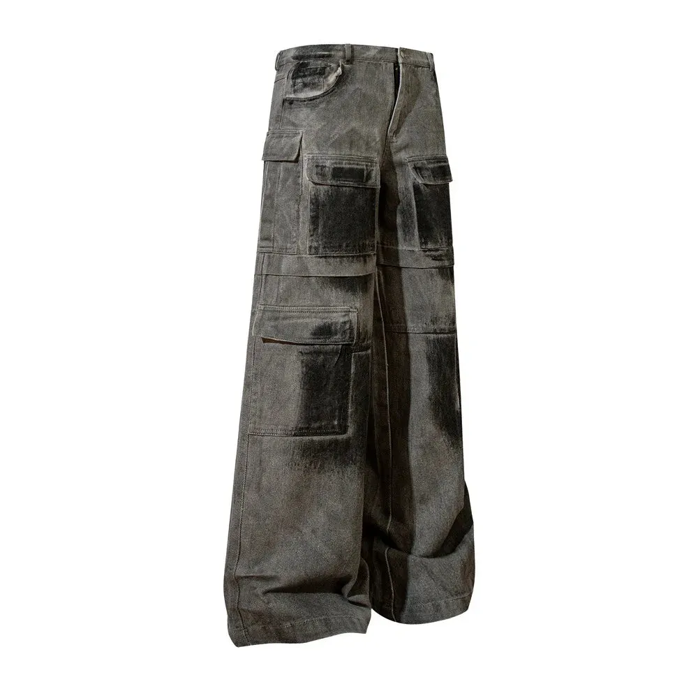 Heavy Industry Spray Paint Distressed Baggy Jeans with Loose Cargo Pants