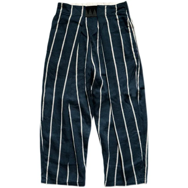 Japanese Style Two-color Cotton Linen Stripe Loose Pants