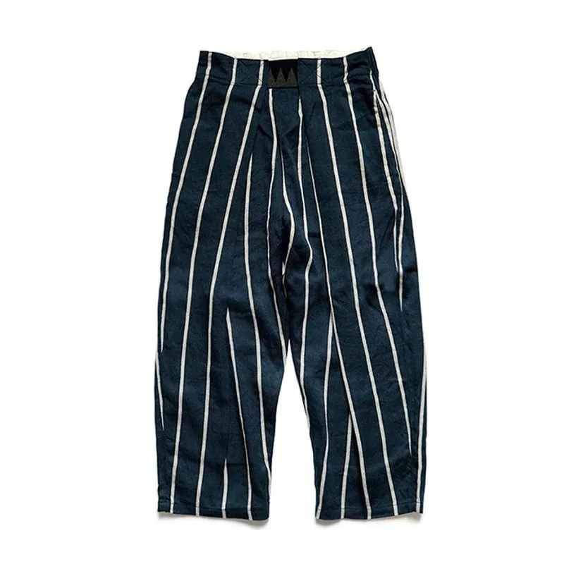 Japanese Style Two-color Cotton Linen Stripe Loose Pants