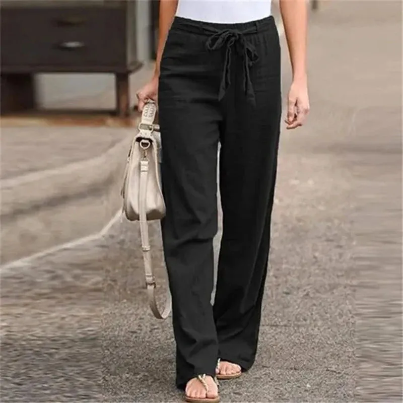 LVSANW 2024 Women Cotton Linen Pants Summer Fashion Elastic Waist Loose Straight Pants Female Casual Solid Color Ankle-length Trousers