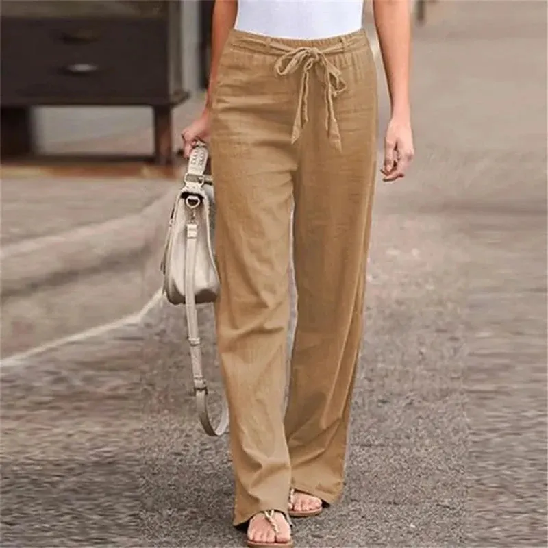 LVSANW 2024 Women Cotton Linen Pants Summer Fashion Elastic Waist Loose Straight Pants Female Casual Solid Color Ankle-length Trousers