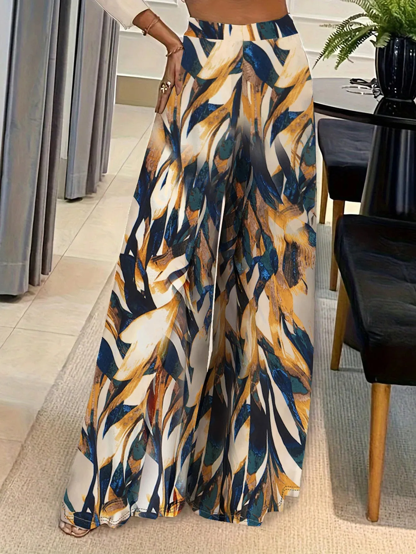 LVSANW Elegant Geometric Printing, Fashionable All Season New Street Loose Fit Wide Leg Pants, Fashionable Long Pants