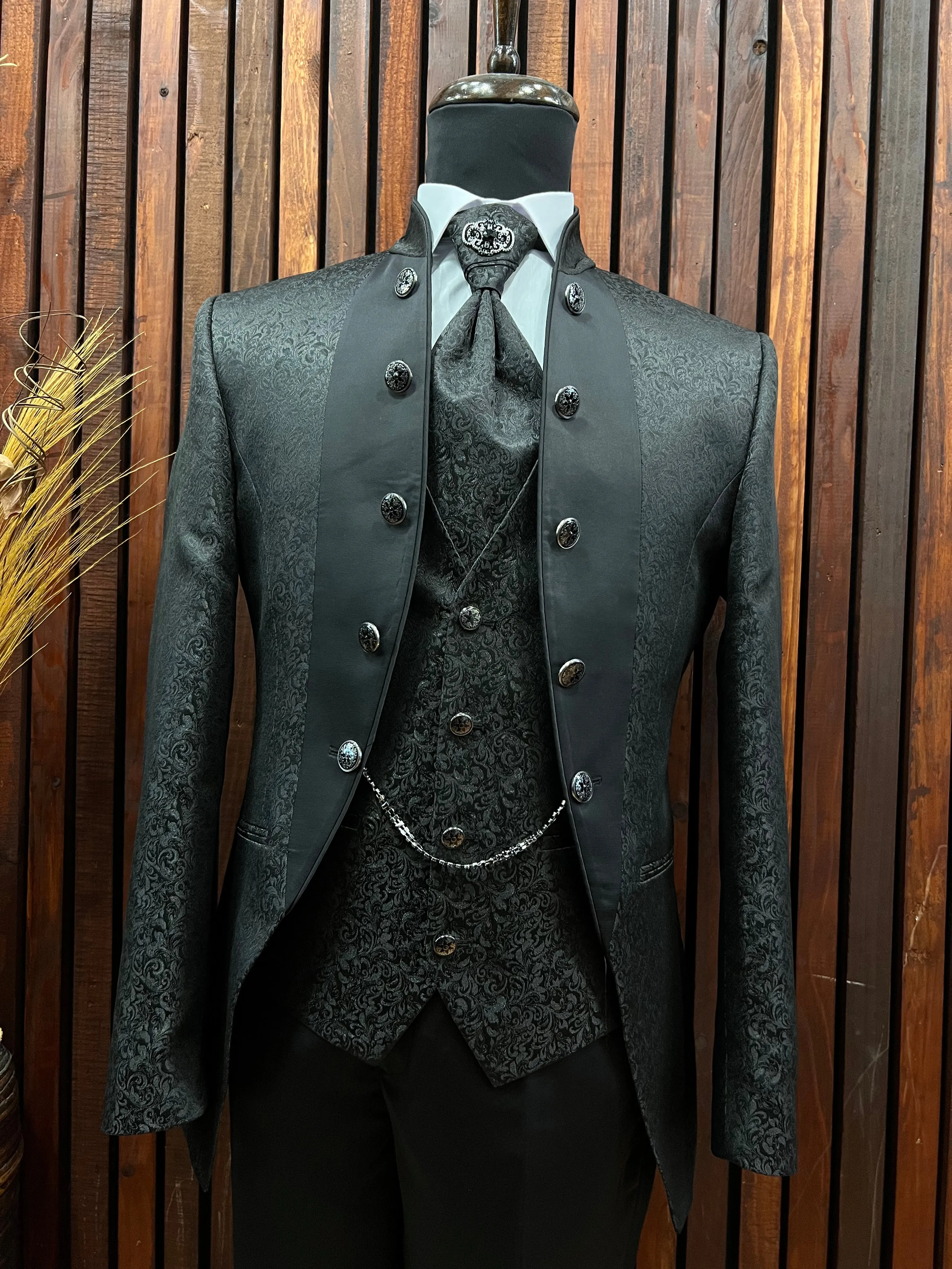 Men's Black Floral Tuxedo with Mandarin Collar | Unique Formal Attire