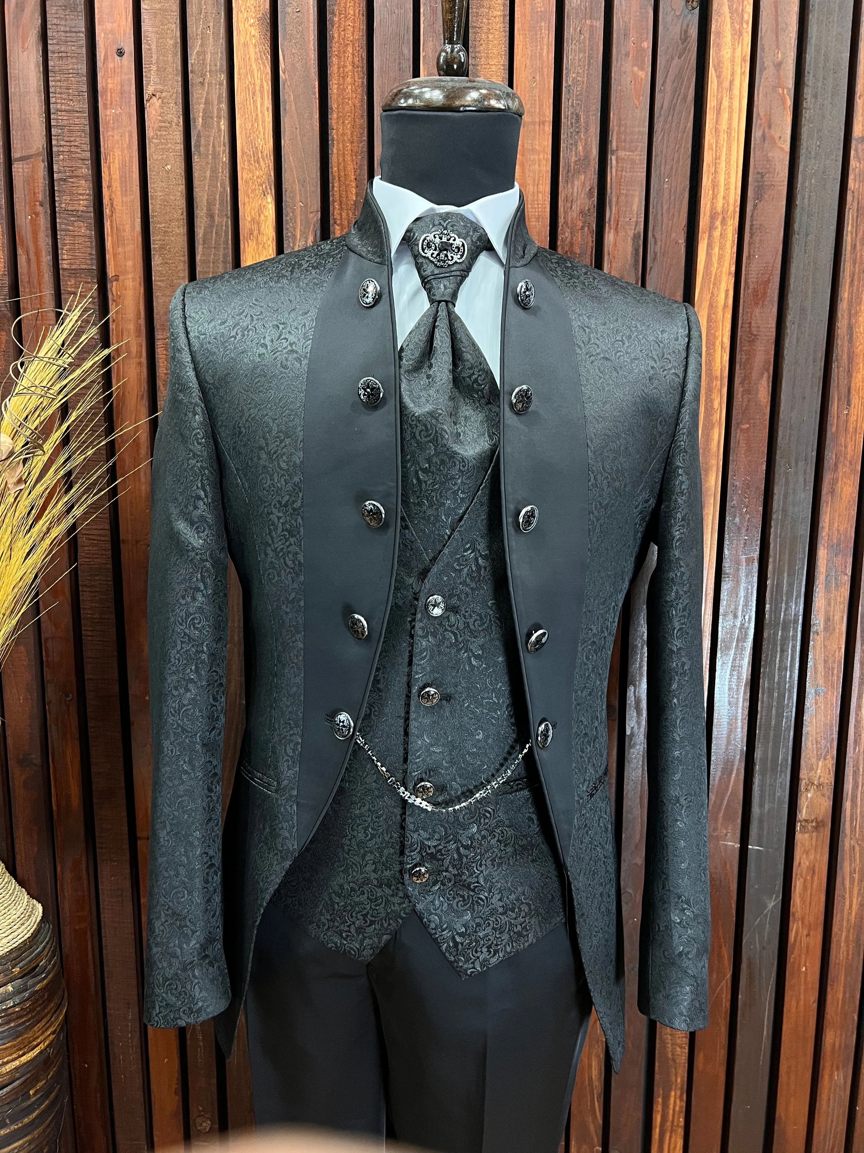 Men's Black Floral Tuxedo with Mandarin Collar | Unique Formal Attire