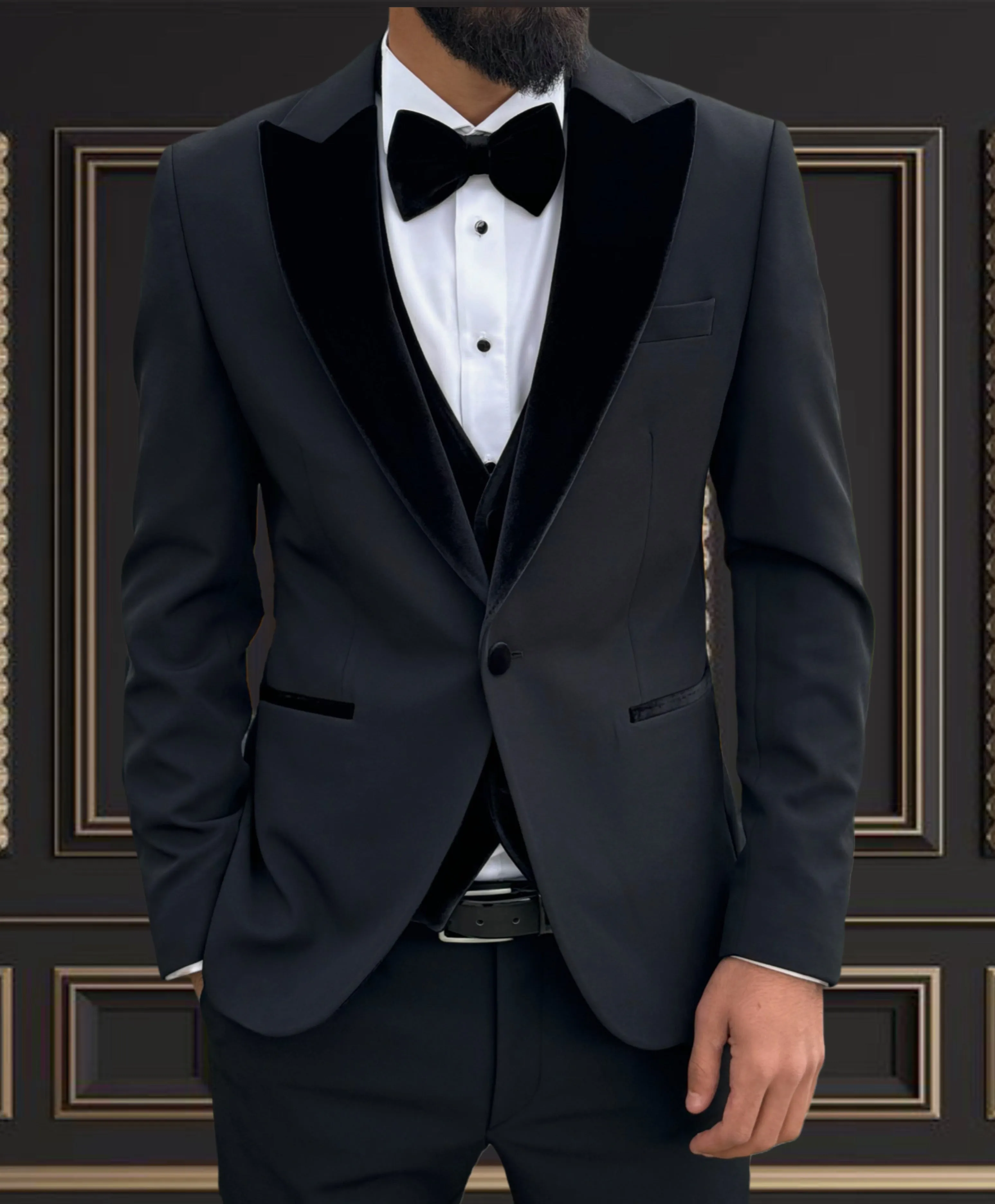 Men's Black Tuxedo with Velvet Peak Lapel | Classic Formal Wear for Any Event