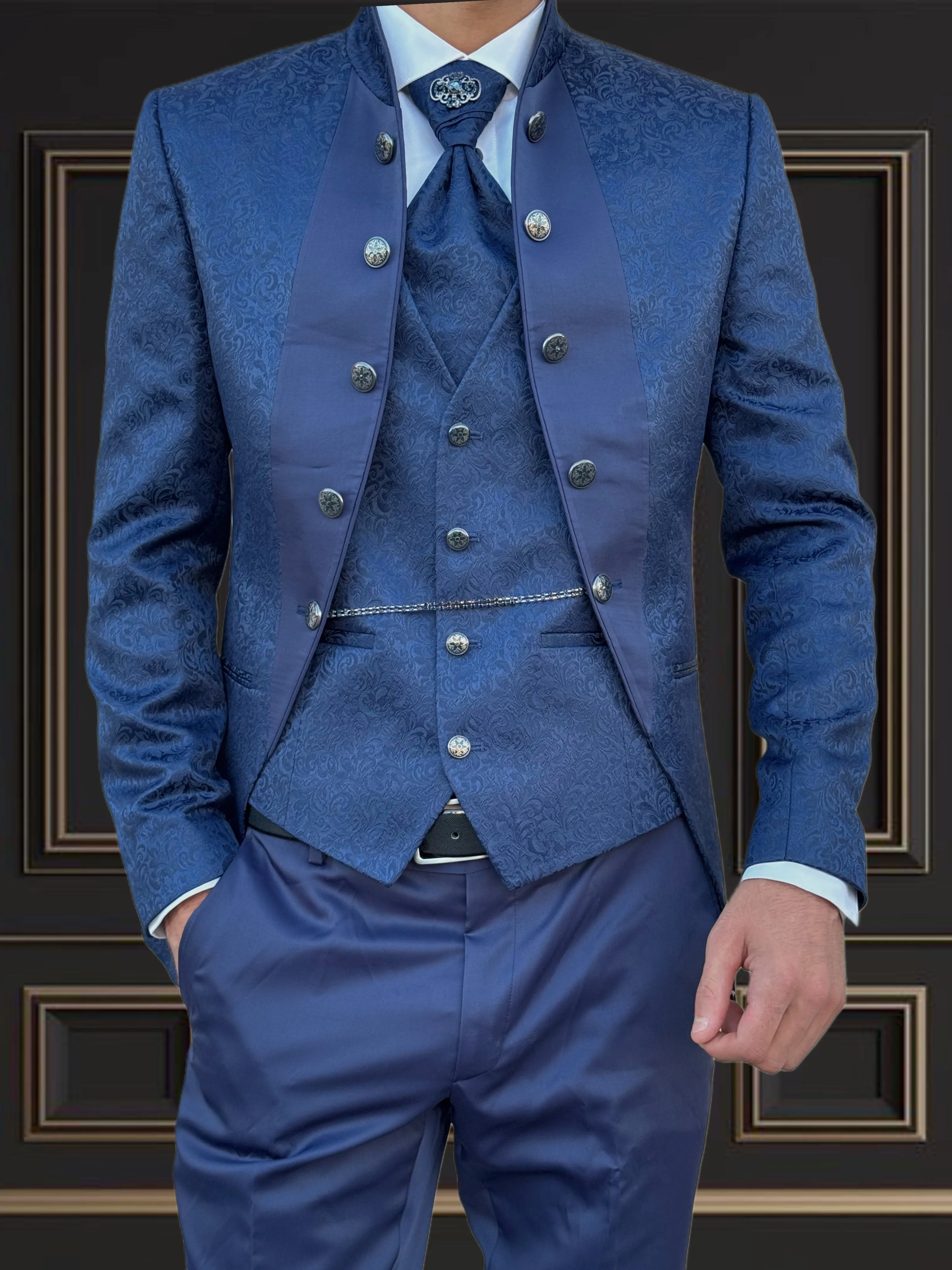 Men's Blue Floral Tuxedo with Mandarin Collar | Unique Formal Attire