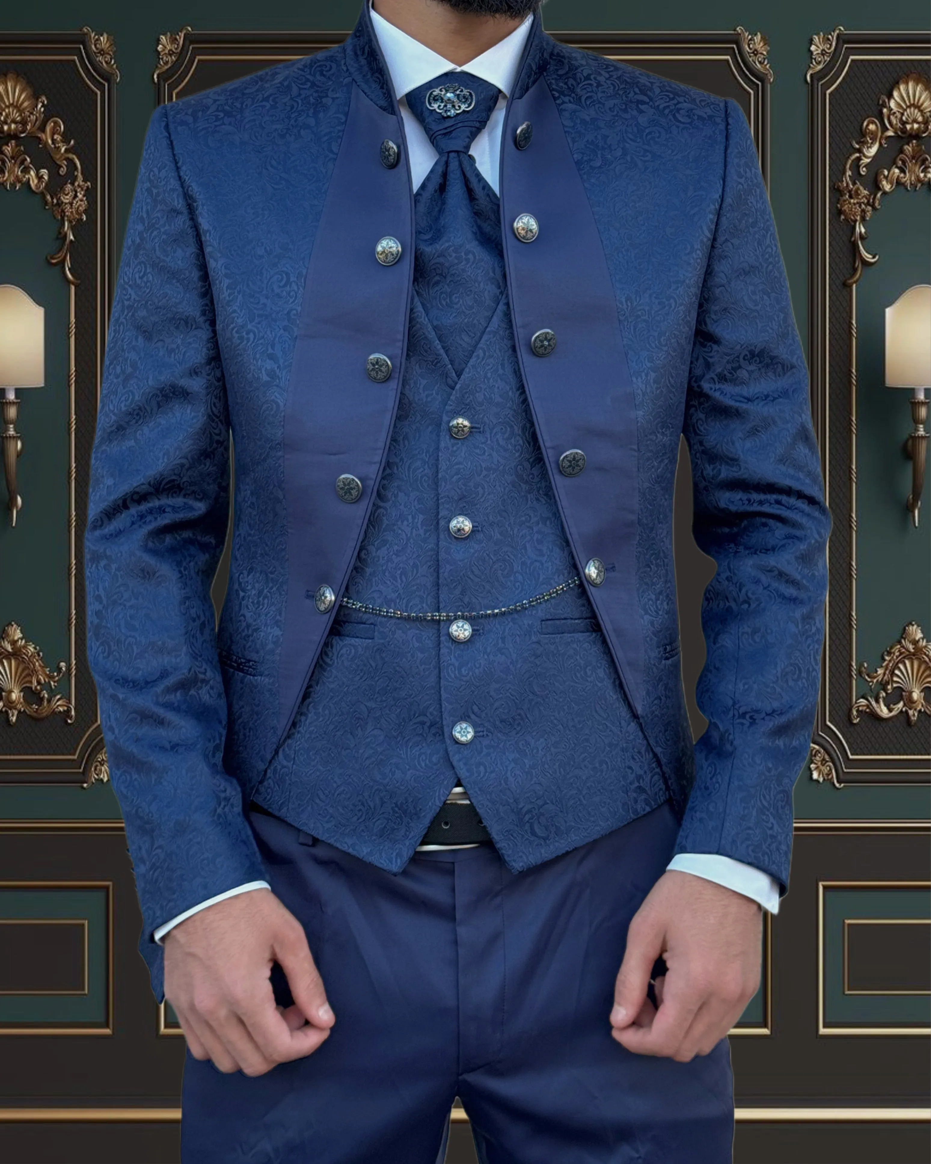 Men's Blue Floral Tuxedo with Mandarin Collar | Unique Formal Attire