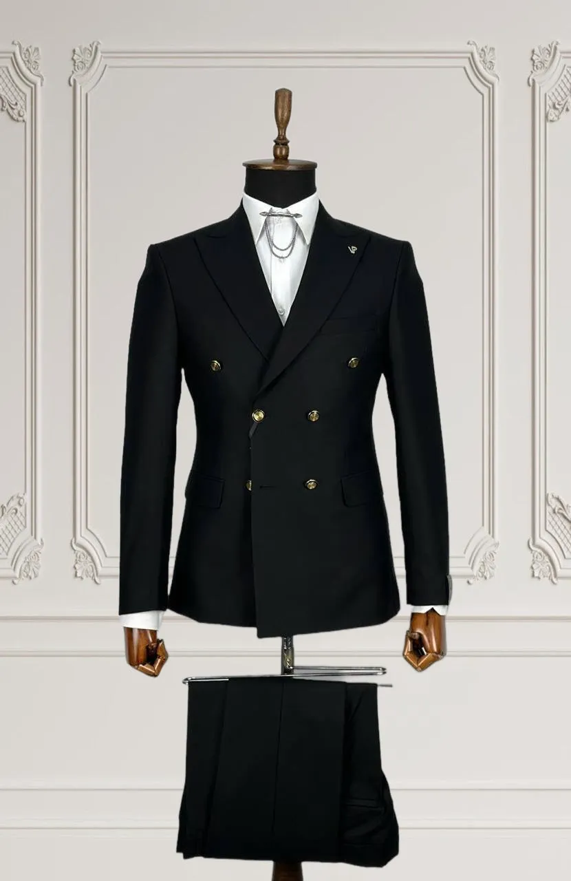 Mens Double Breasted Black Suit Peak Lapel | Gold Buttons