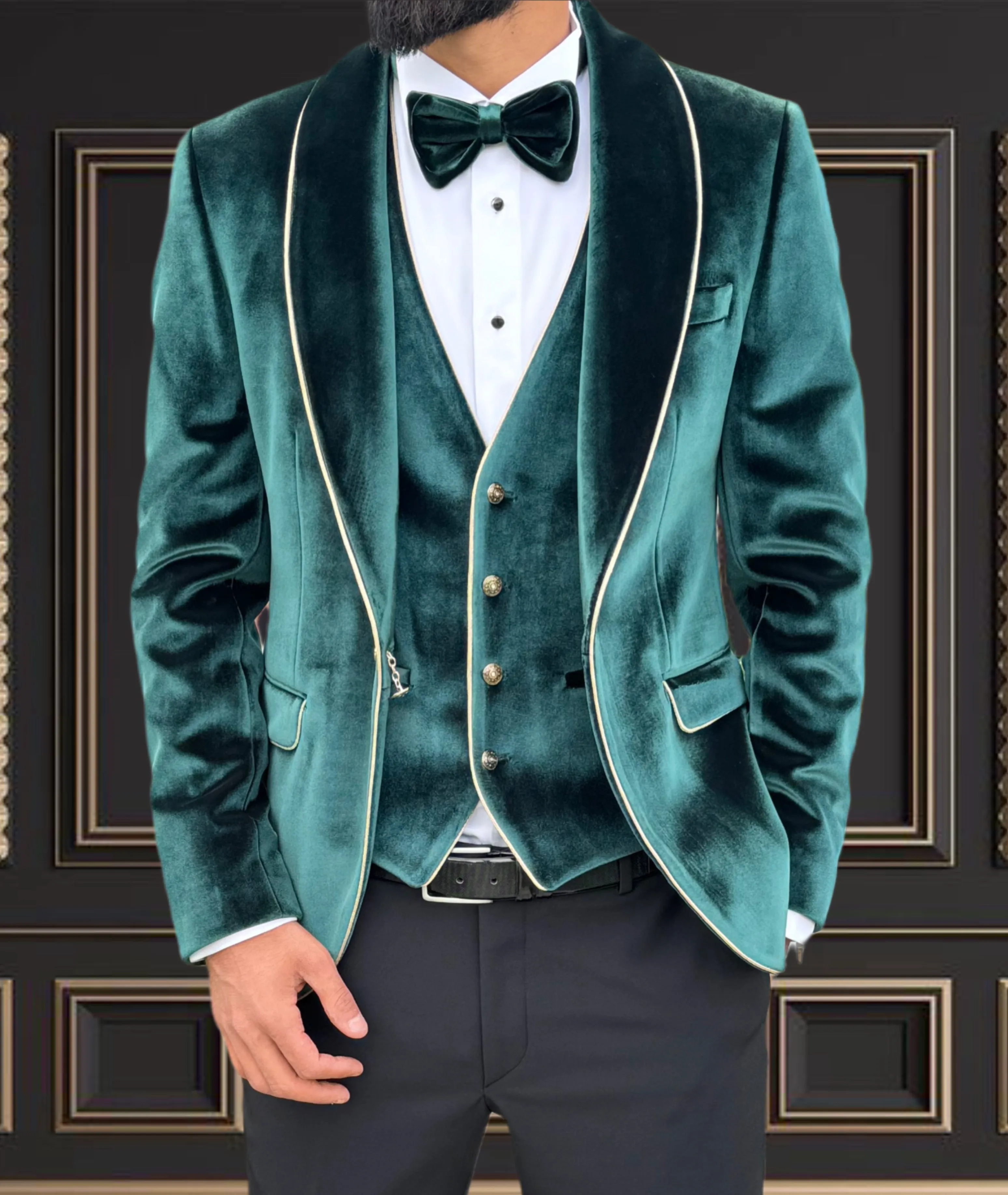 Men's Emerald Green Velvet Tuxedo with Gold Shawl Lapel Trim | Luxurious Formal Wear