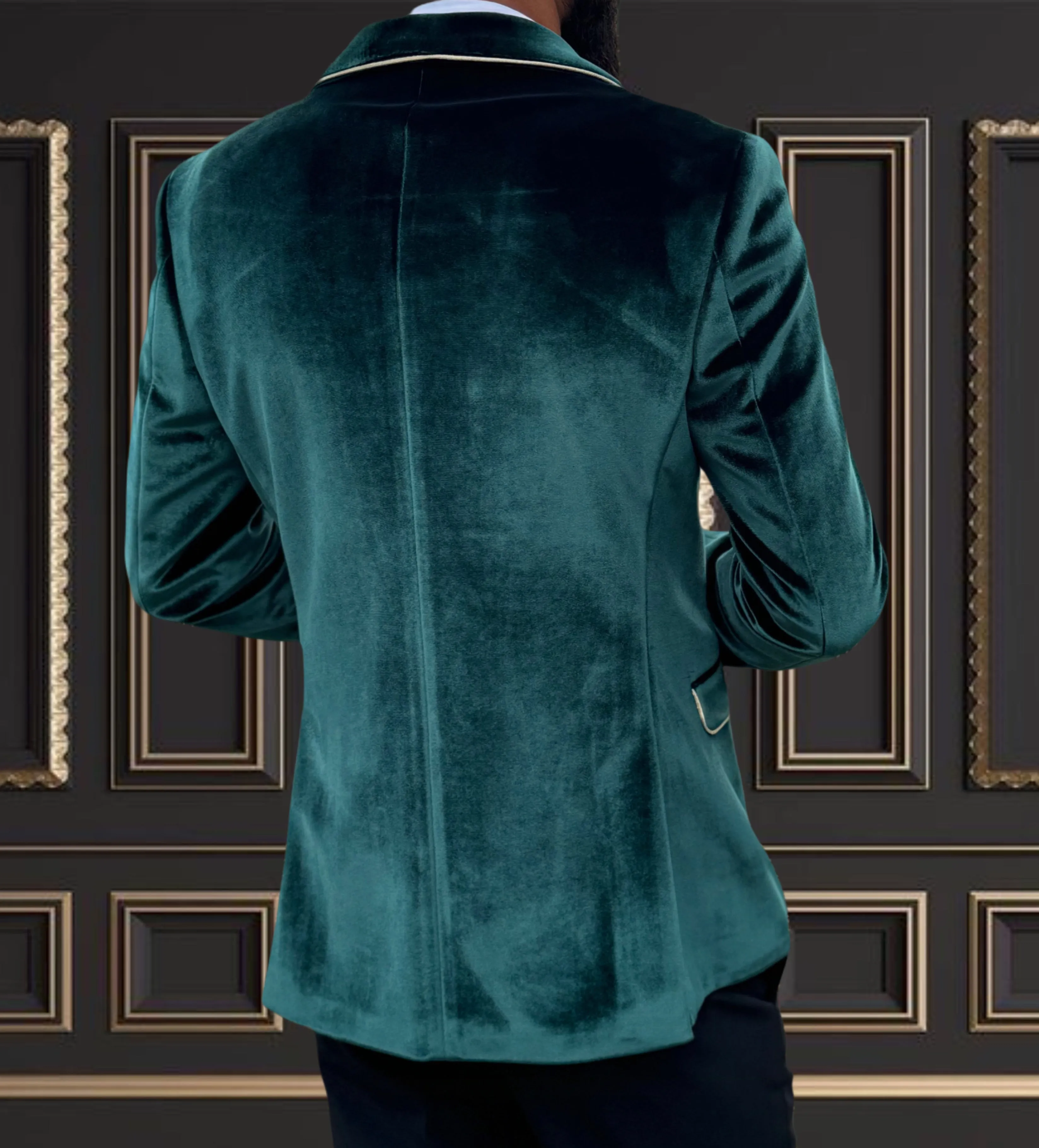 Men's Emerald Green Velvet Tuxedo with Gold Shawl Lapel Trim | Luxurious Formal Wear