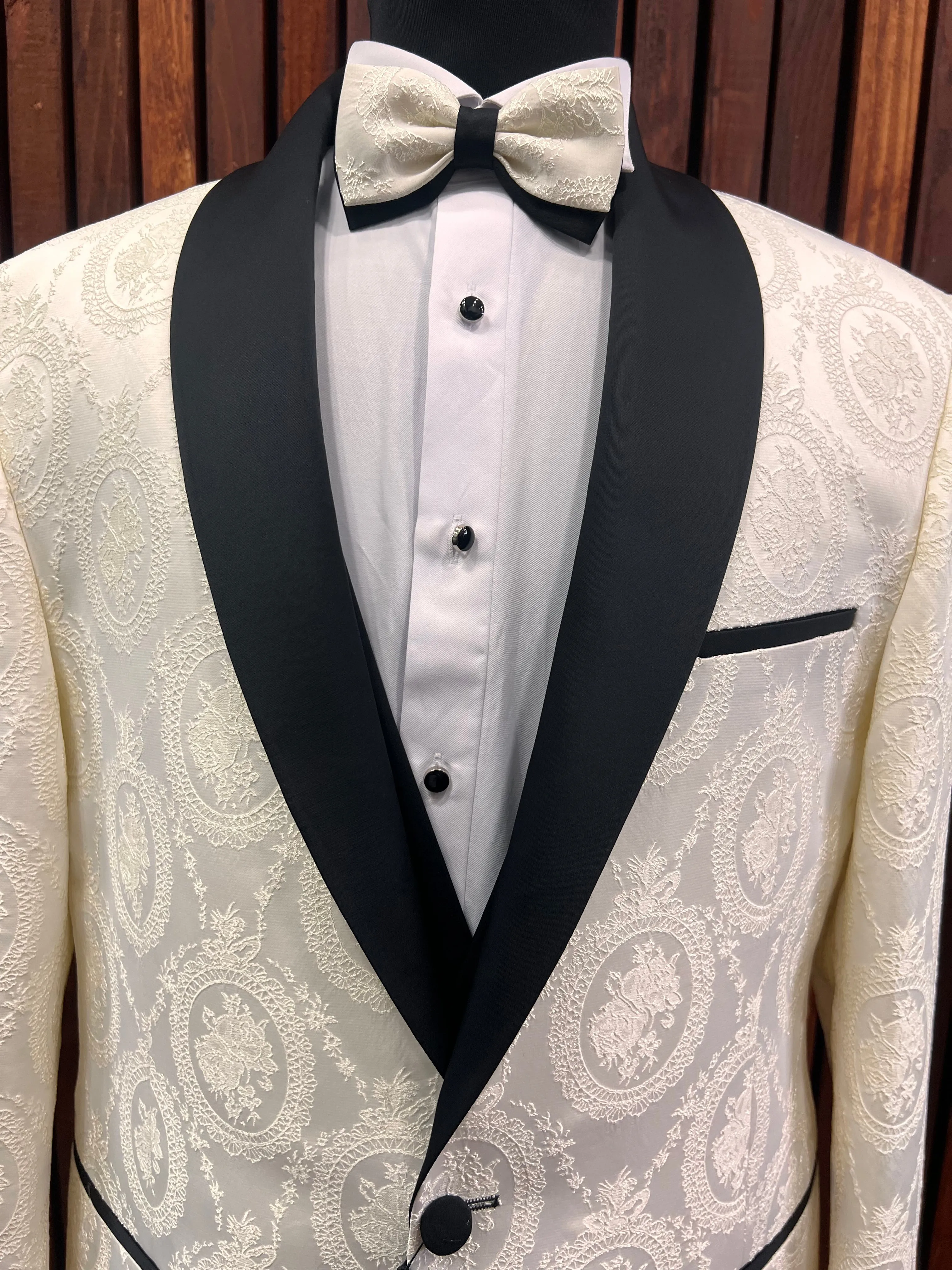 Mens Floral White Tuxedo with Black Shawl Lapel Slim fit 3 piece Tuxedo | Big And Tall | Weddings and Special Eventse