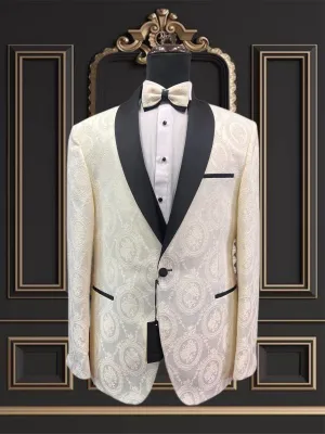 Mens Floral White Tuxedo with Black Shawl Lapel Slim fit 3 piece Tuxedo | Big And Tall | Weddings and Special Eventse