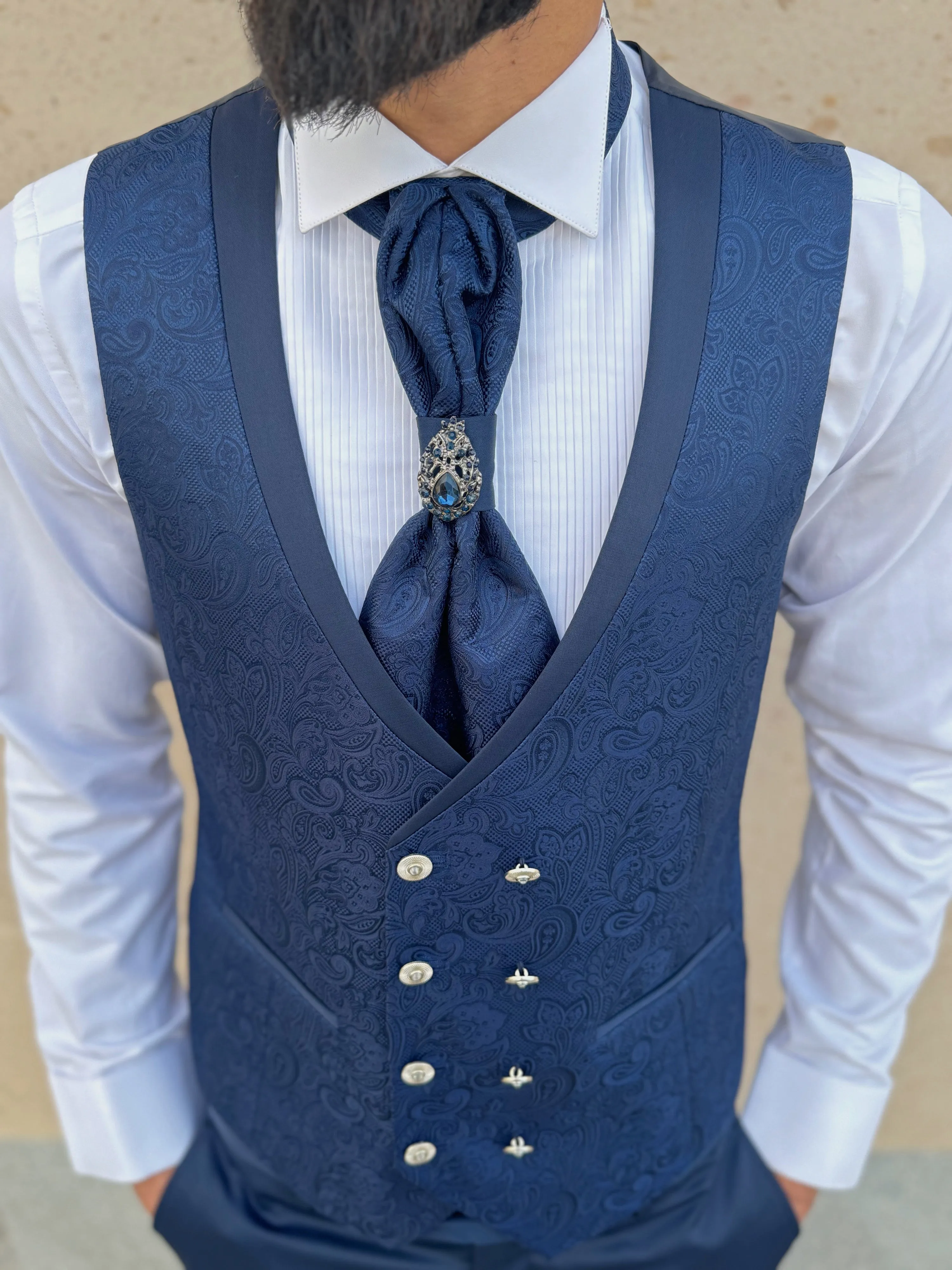 Mens Slim Fit Blue Tuxedo | Peak Lapel Floral Tuxedo | Wedding & Special Events