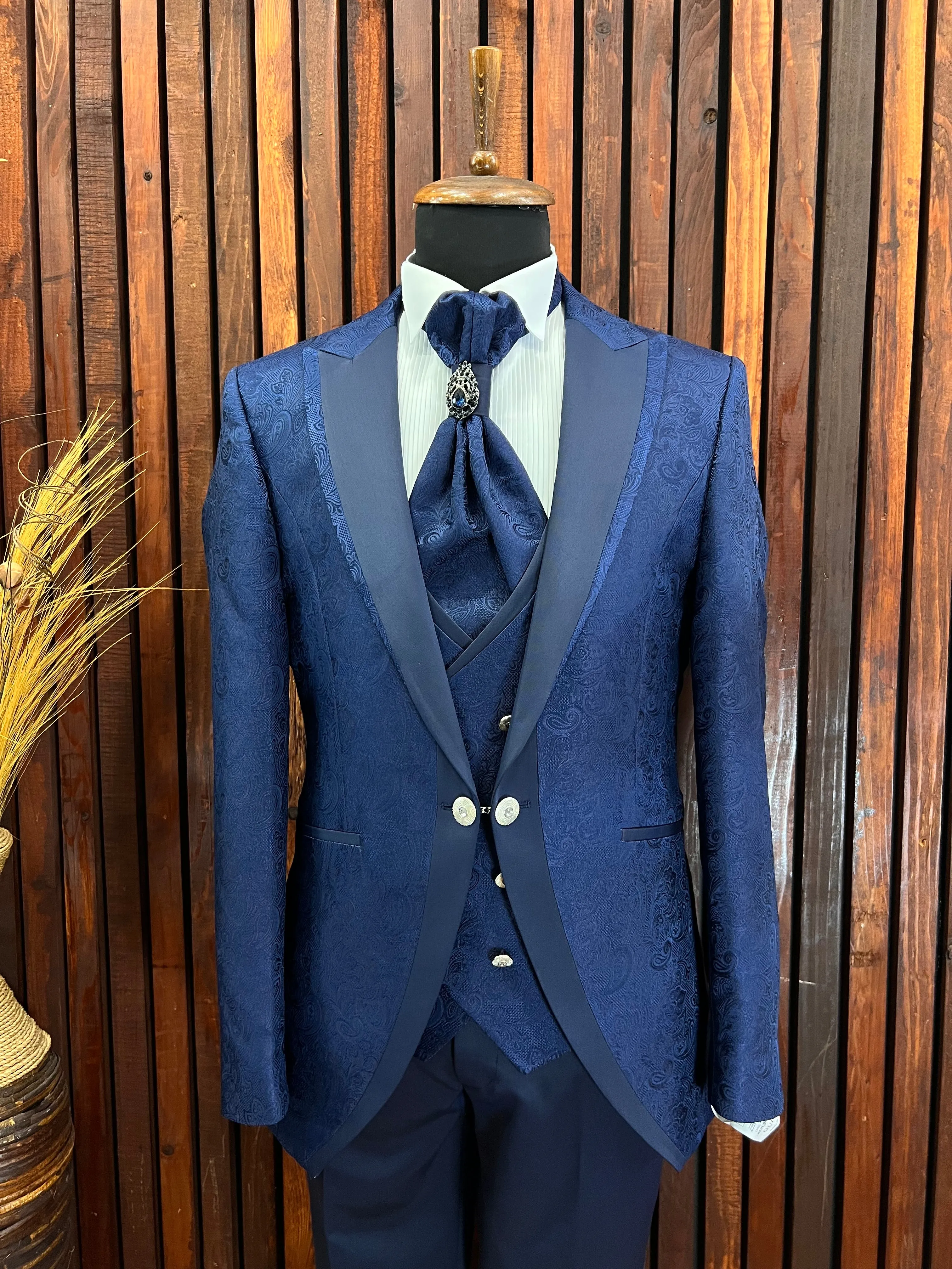 Mens Slim Fit Blue Tuxedo | Peak Lapel Floral Tuxedo | Wedding & Special Events