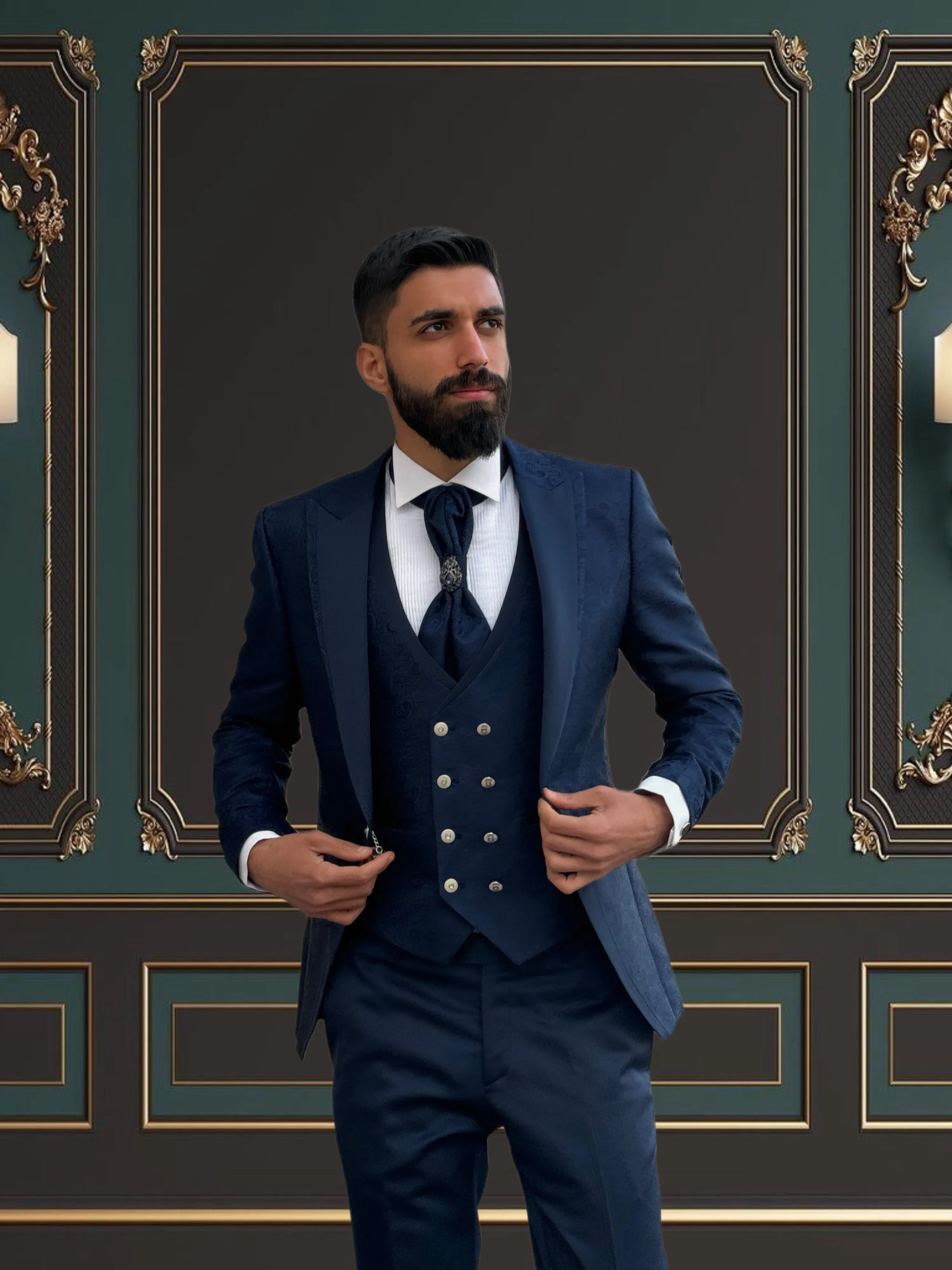 Mens Slim Fit Blue Tuxedo | Peak Lapel Floral Tuxedo | Wedding & Special Events