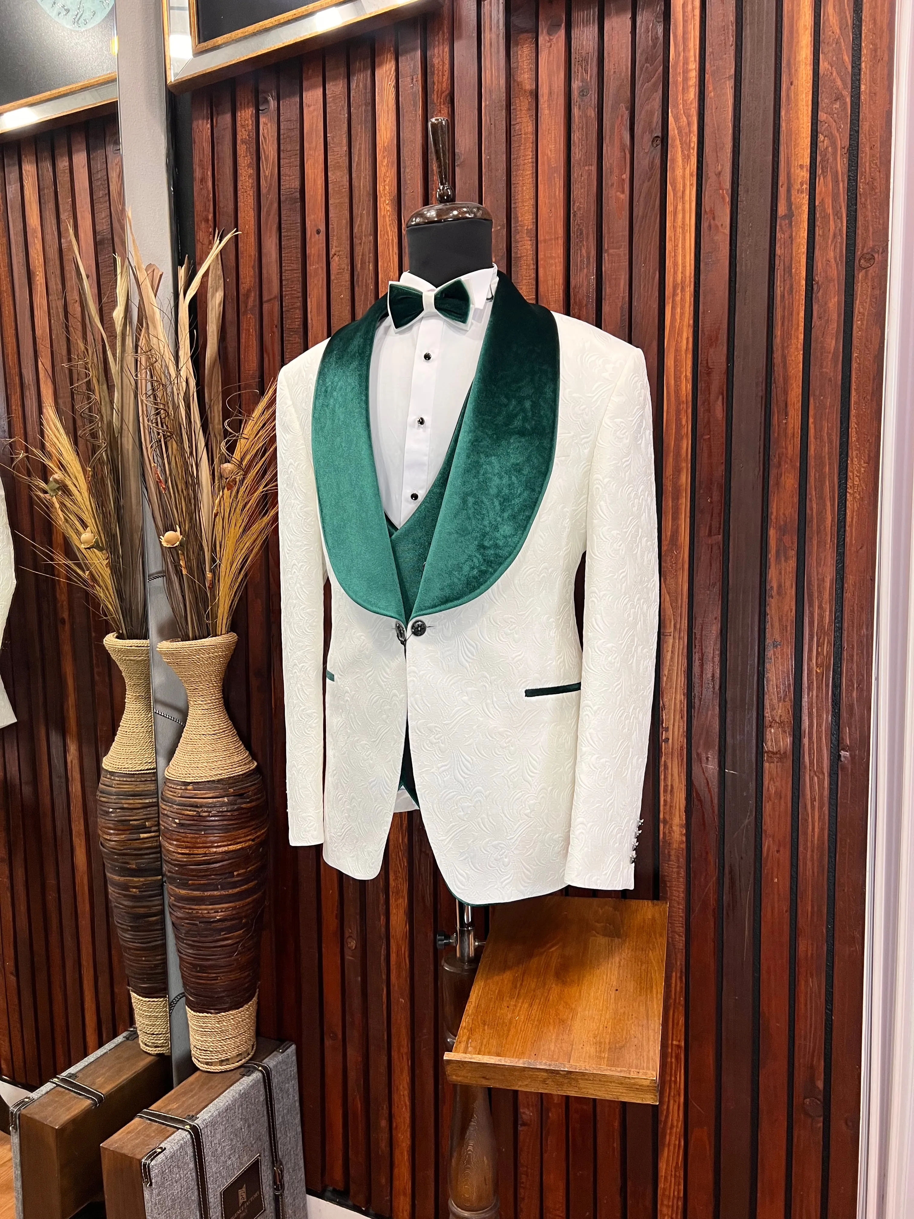 Mens White Tuxedo with Green Velvet Shawl Lapel Slim fit 3 piece Tuxedo | Big And Tall | Weddings and Special Eventse