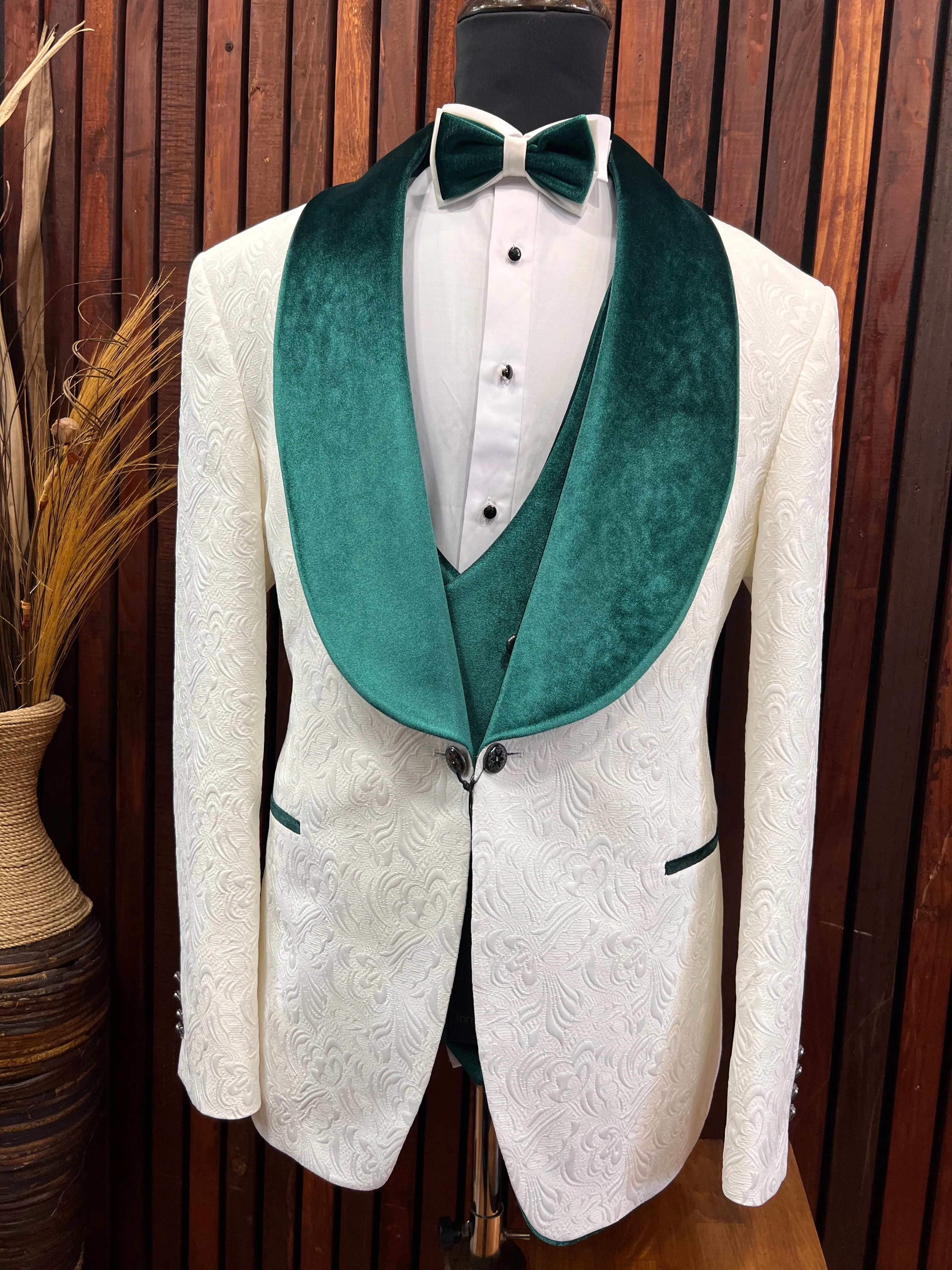 Mens White Tuxedo with Green Velvet Shawl Lapel Slim fit 3 piece Tuxedo | Big And Tall | Weddings and Special Eventse