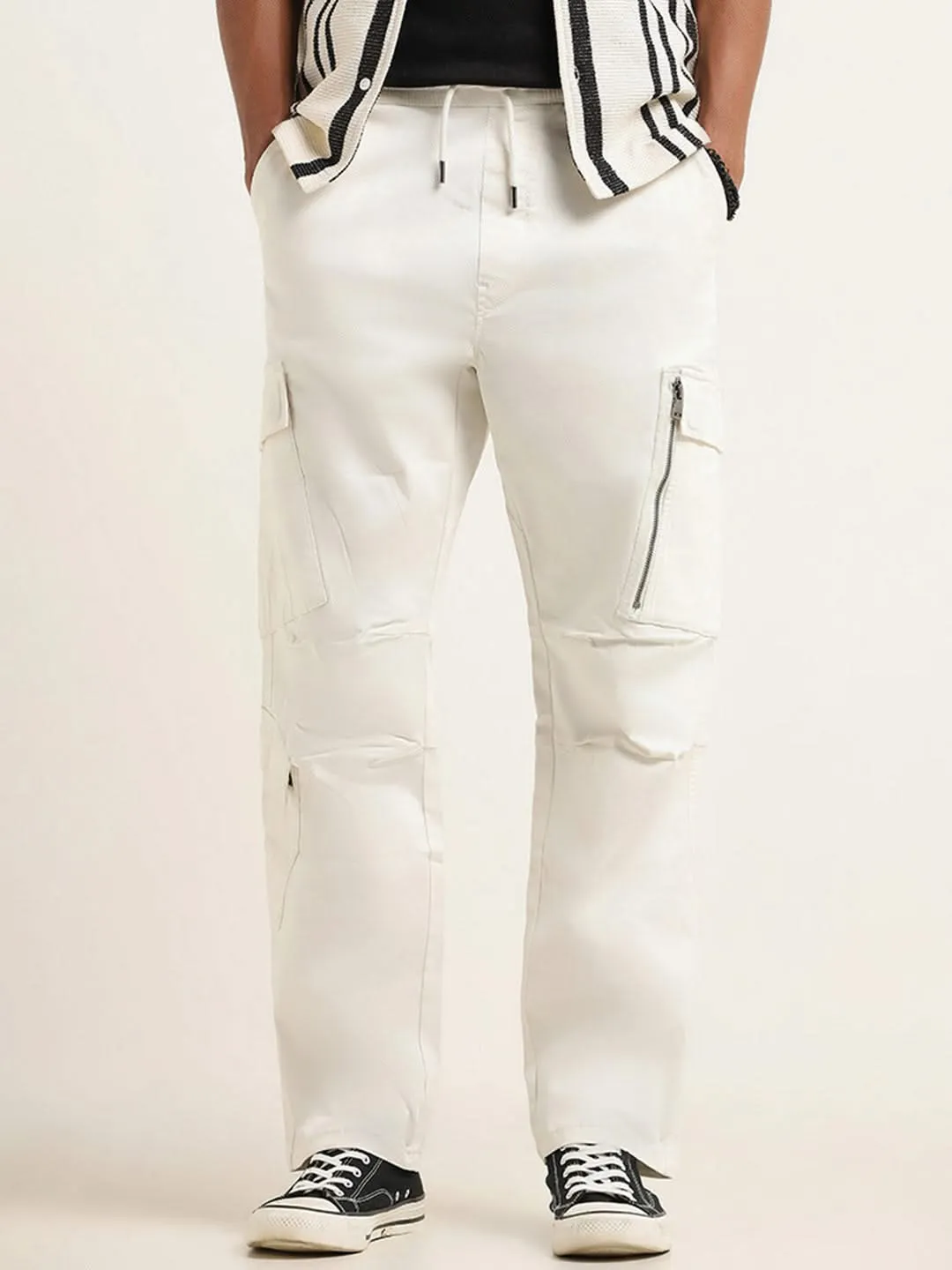 Nuon White Cotton Blend Relaxed Fit Cargo Pants