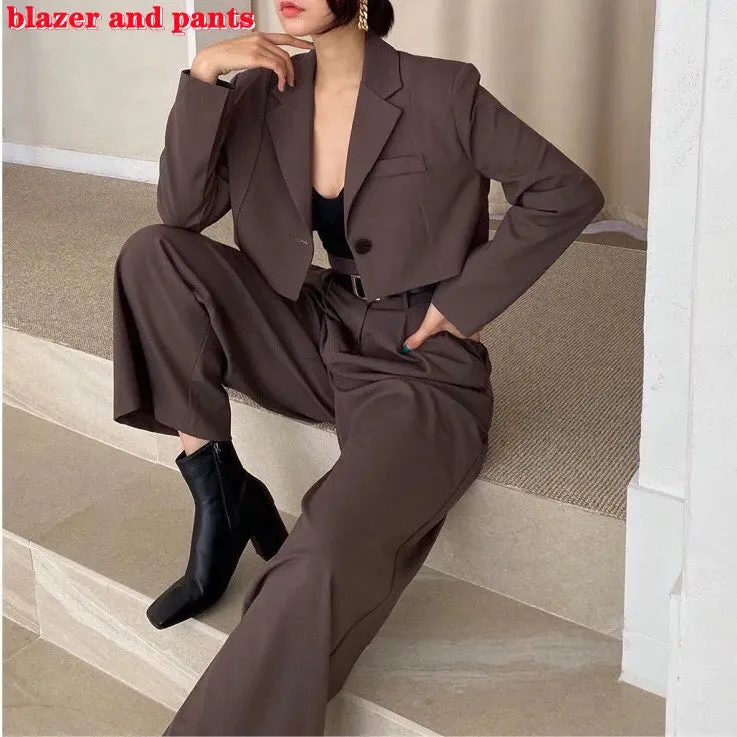 Office Lady Blazer Suits Vintage Two Piece Set Women Long Sleeve Short Blazer   High Waist Wide Leg Long Pants 2 Piece Outfits