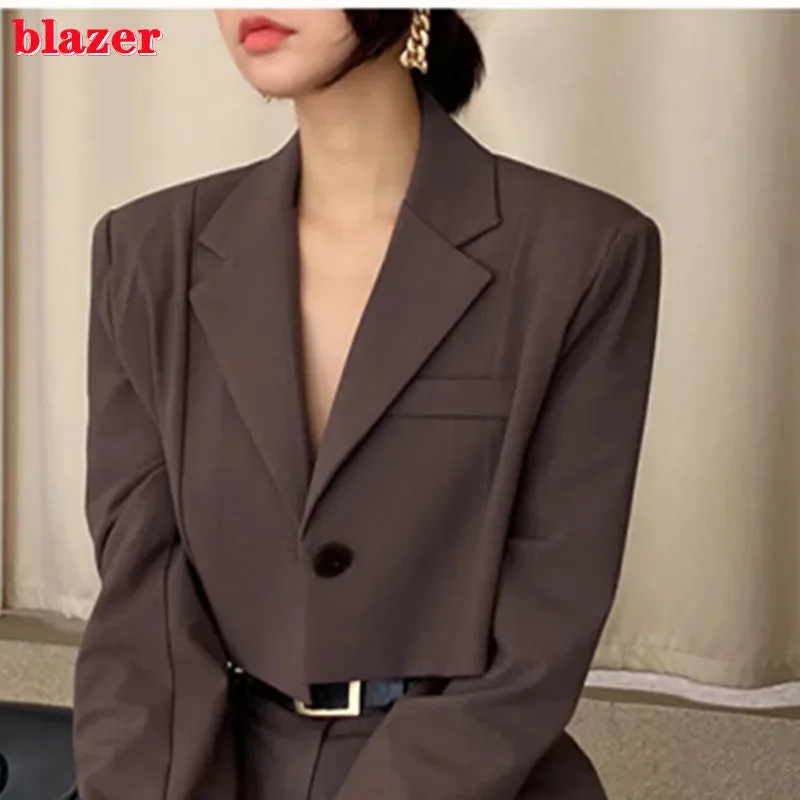 Office Lady Blazer Suits Vintage Two Piece Set Women Long Sleeve Short Blazer   High Waist Wide Leg Long Pants 2 Piece Outfits