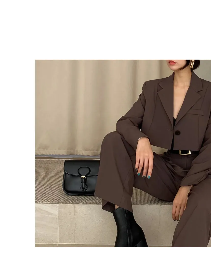 Office Lady Blazer Suits Vintage Two Piece Set Women Long Sleeve Short Blazer   High Waist Wide Leg Long Pants 2 Piece Outfits