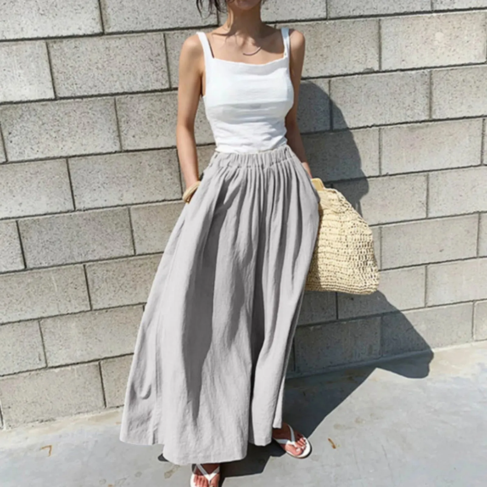 Oversized Wide Elegant Beige Shrinkage Daily Loose Comfortable Breathable Summer Pants