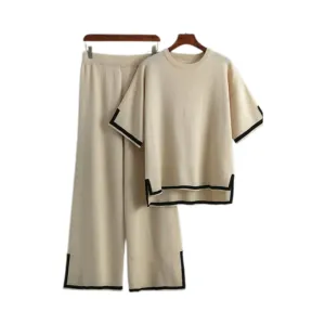 Pre Order:  Round Neck Short Sleeve Loose Top   High Waist Pants