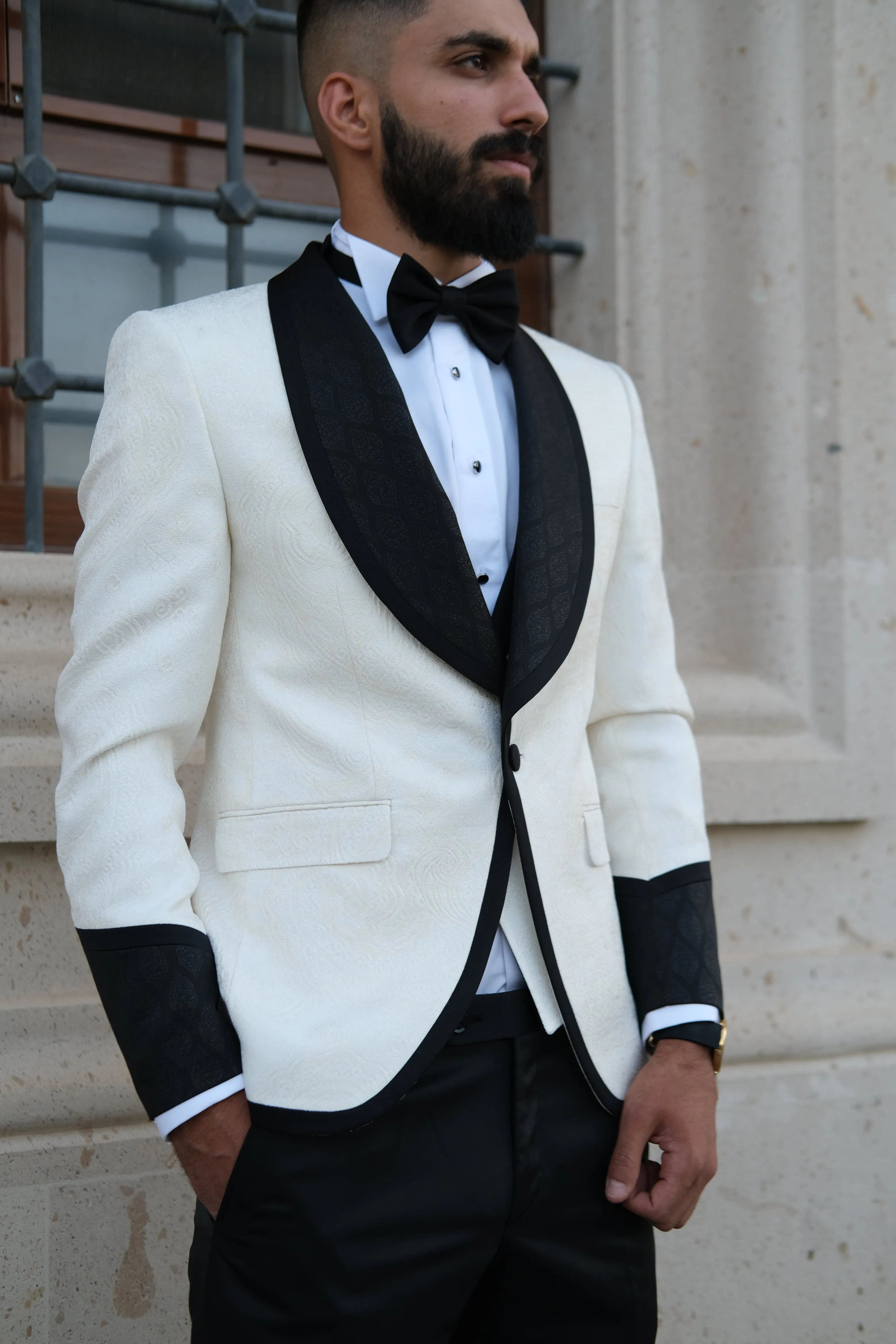 Premium Slim Fit Off White Color Wedding Tuxedo _ Shawl Black Lapel special sleeves