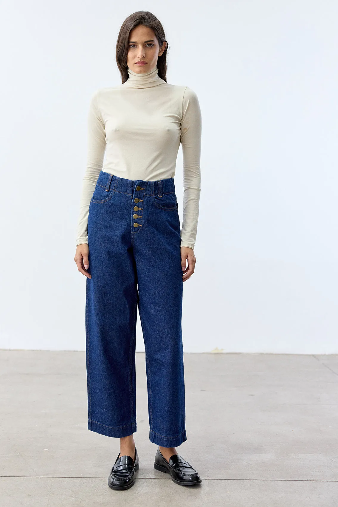 Recycled Denim Relaxed Buttoned Jeans - Blue