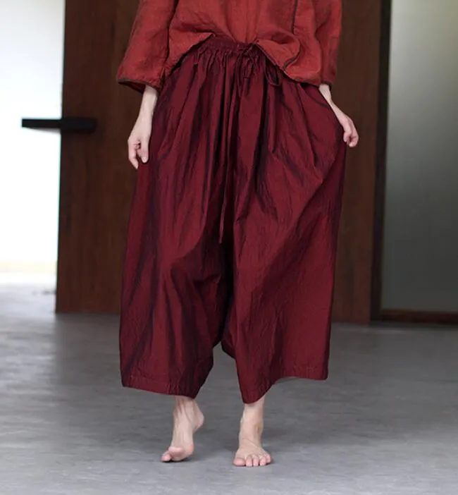 Red Women Casual Cotton Wide Leg Pants SJ981106