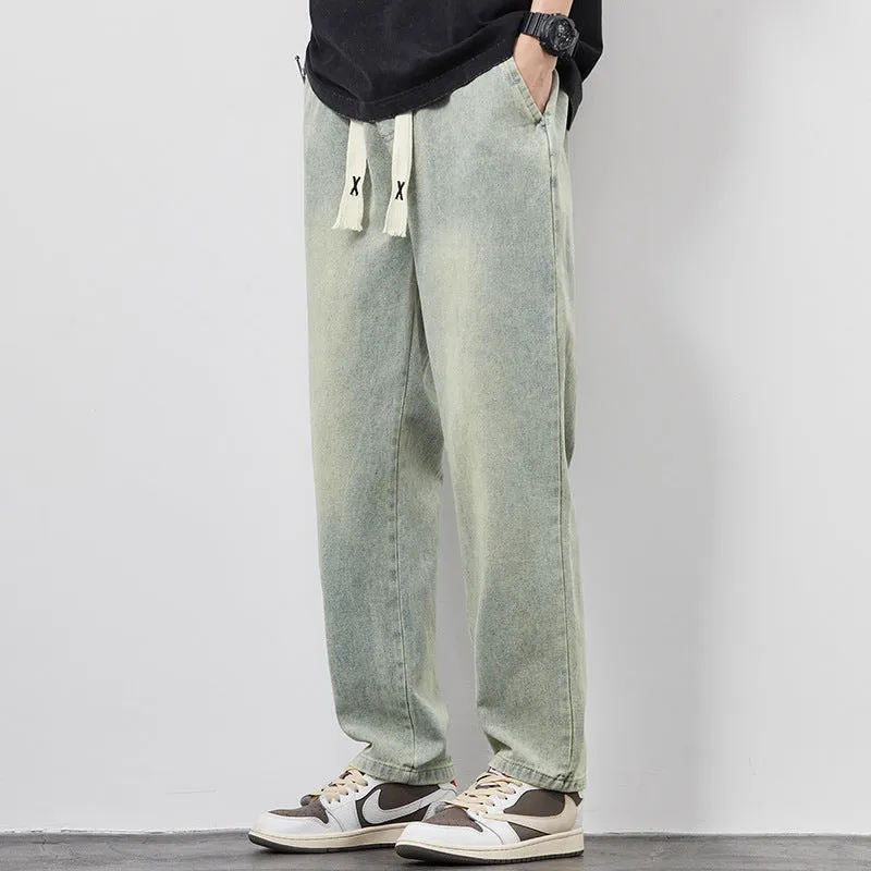 Summer Loose Wide Leg Jeans Pants Men Fashion Drawstring Elasticated Straight Trousers