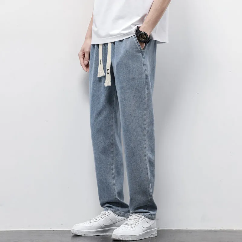 Summer Loose Wide Leg Jeans Pants Men Fashion Drawstring Elasticated Straight Trousers