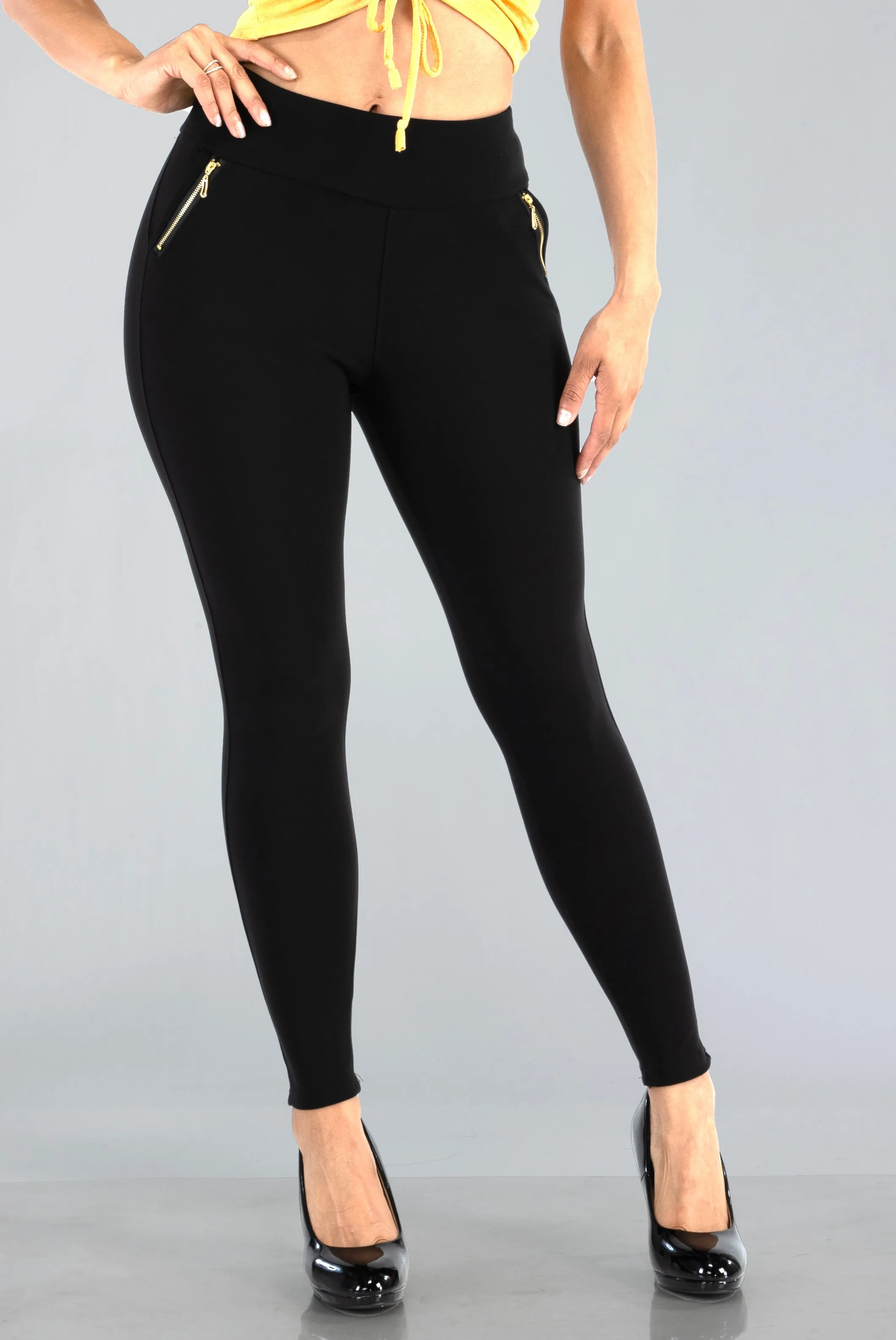 Tregging Skinny Pants With Zipper Pockets - Black