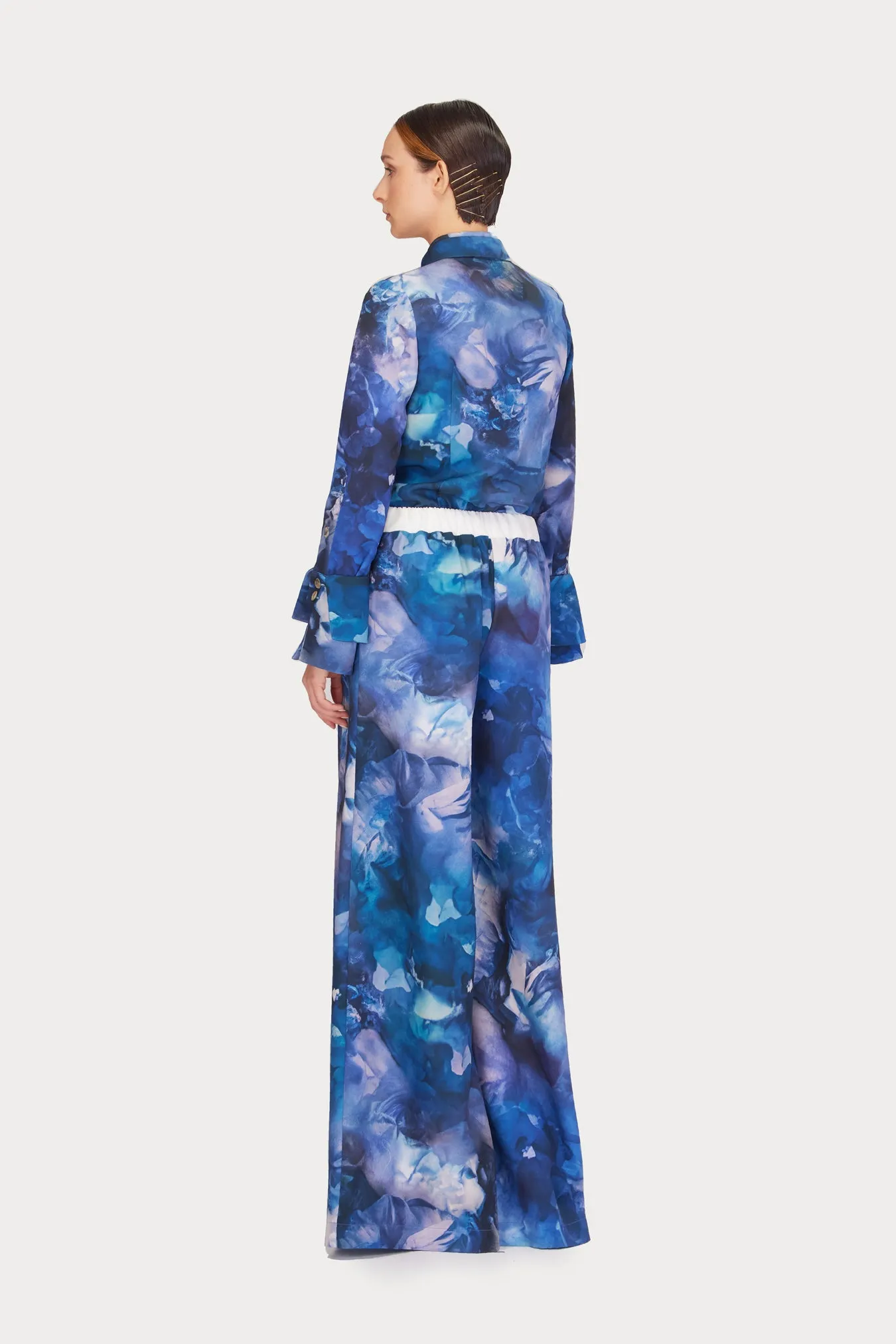 Wide-Leg Abstract Blue Print Trousers With Contrasting Waistband