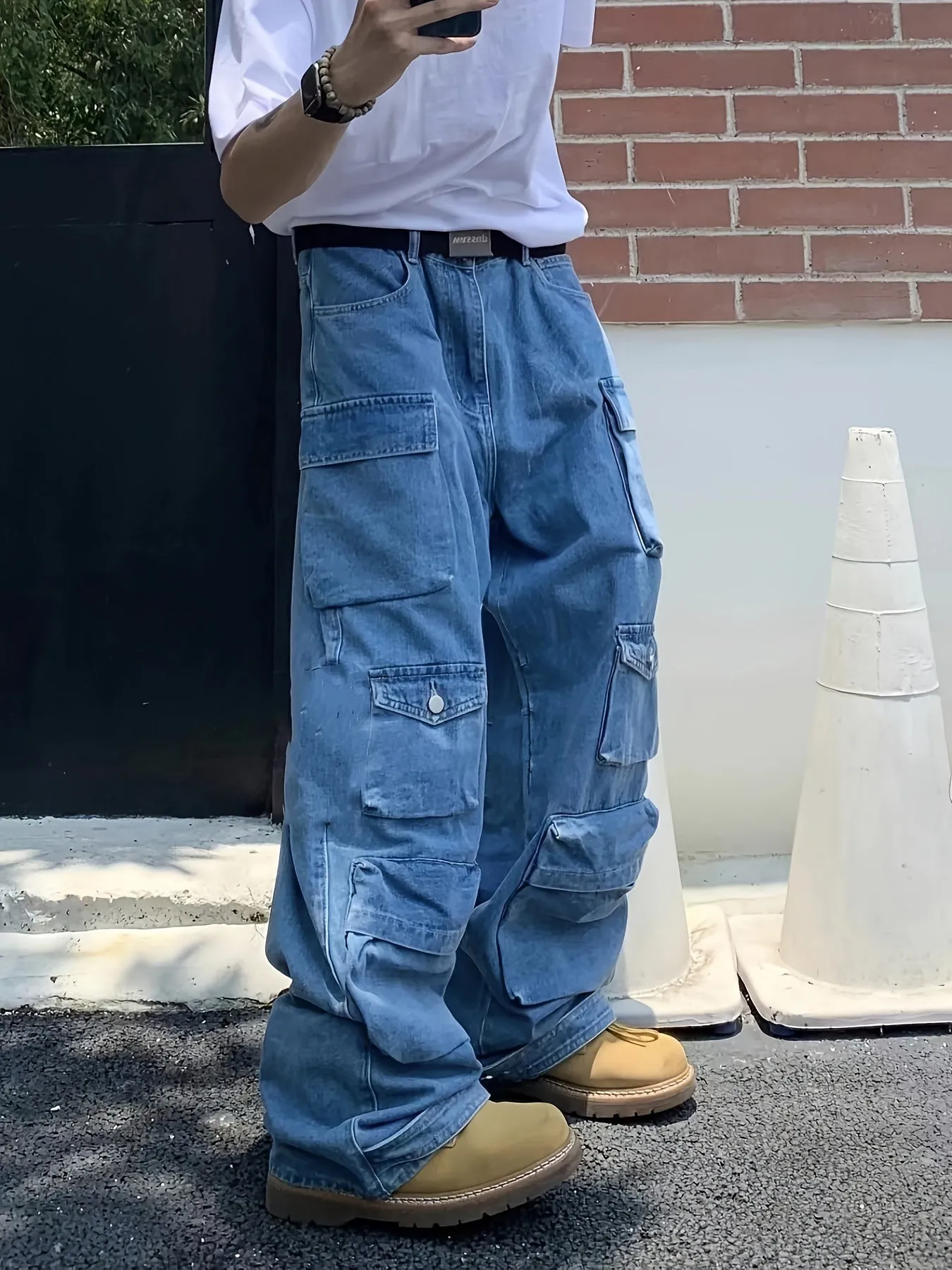 Wide Leg Cargo Denim Jeans for Men - Stylish Streetwear Pants with Multiple Pockets, Comfortable Fit, and Versatile Design for Spring and Fall Seasons