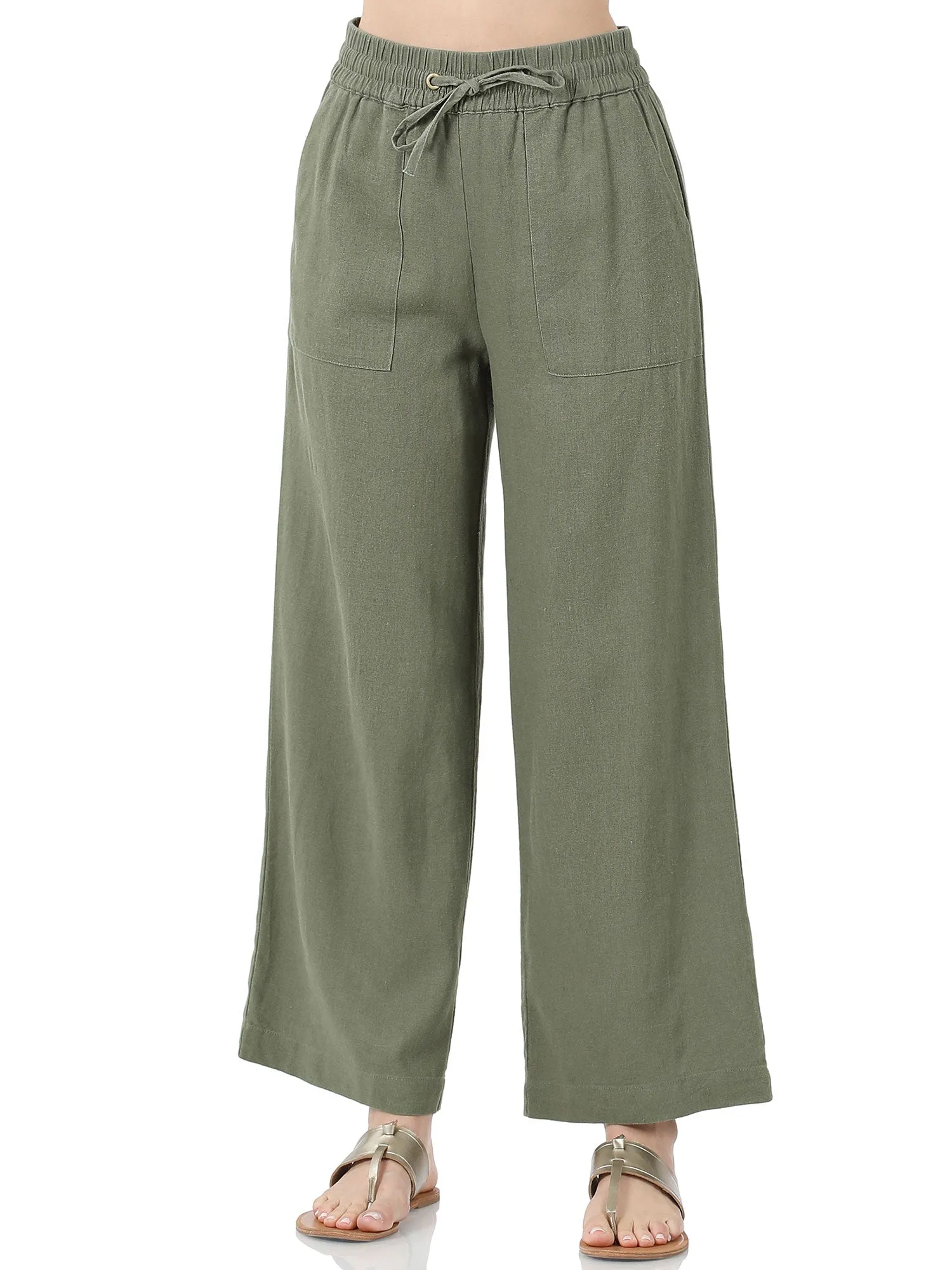 Womens Casual Linen Pants with Waist Drawstring and Side Pockets