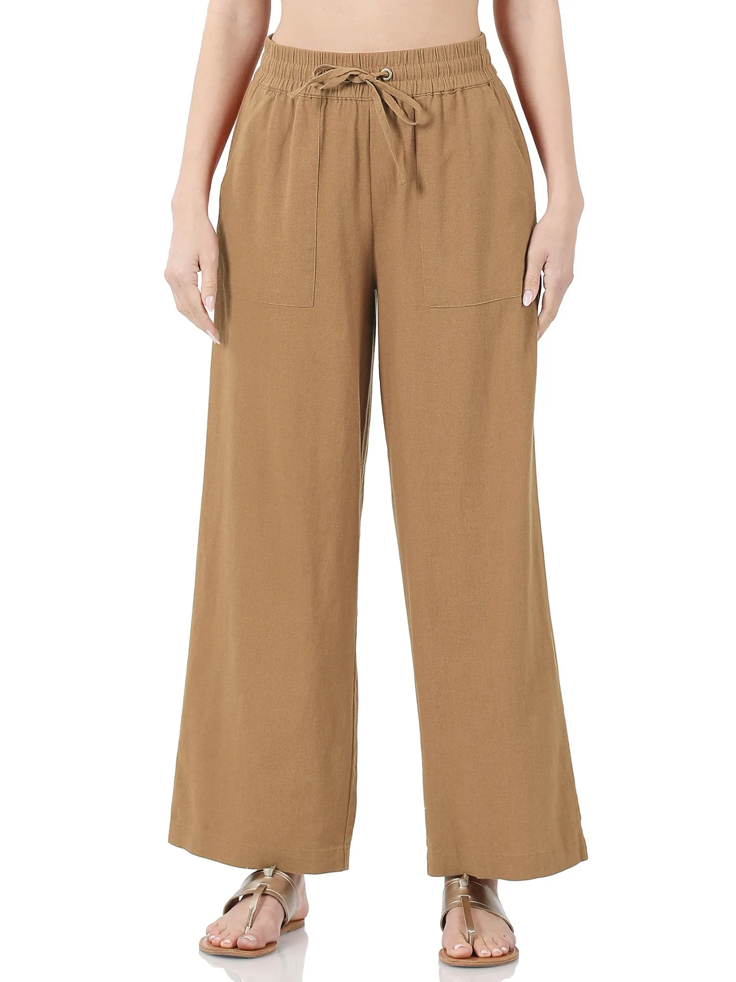 Womens Casual Linen Pants with Waist Drawstring and Side Pockets