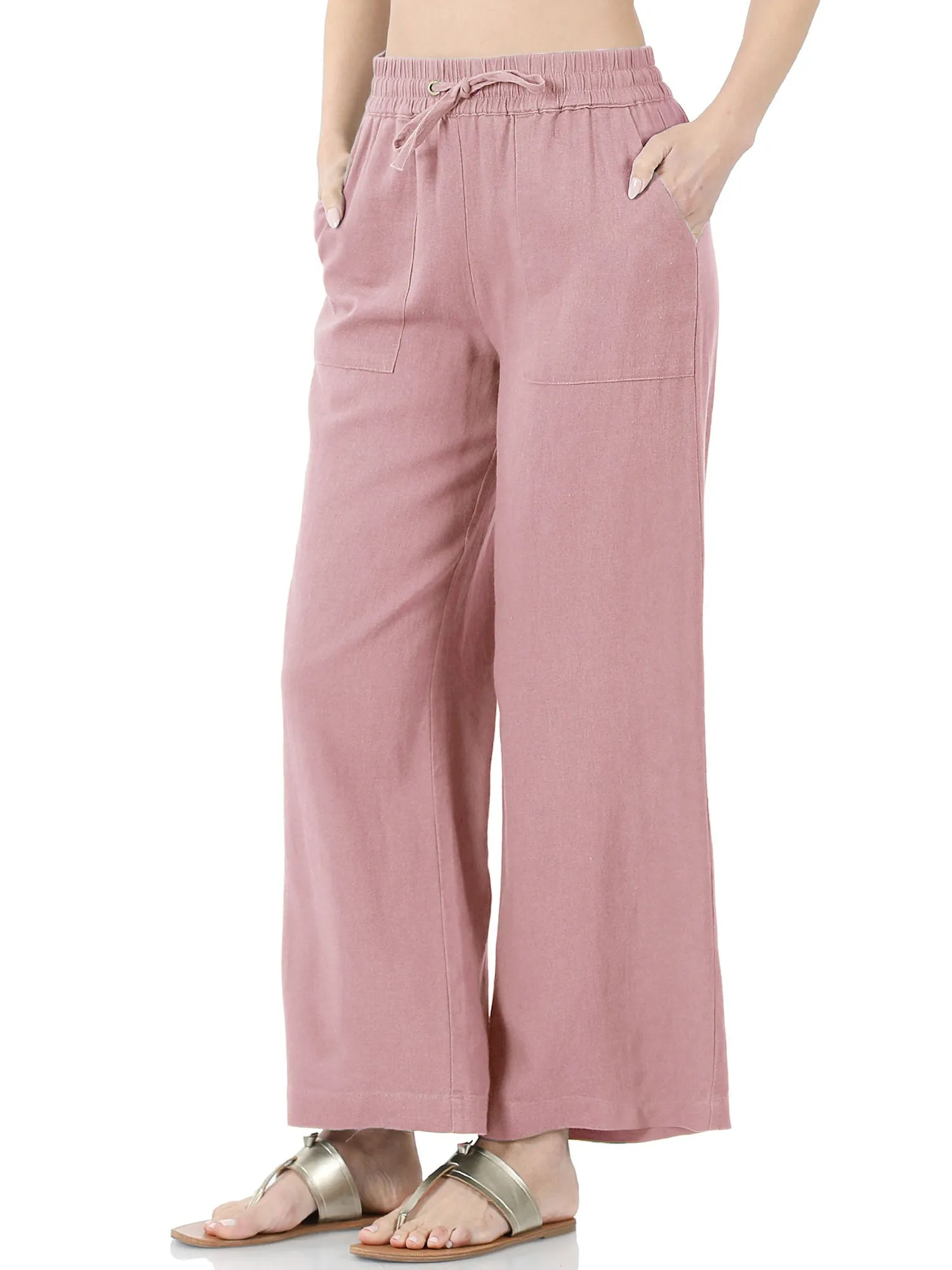 Womens Casual Linen Pants with Waist Drawstring and Side Pockets