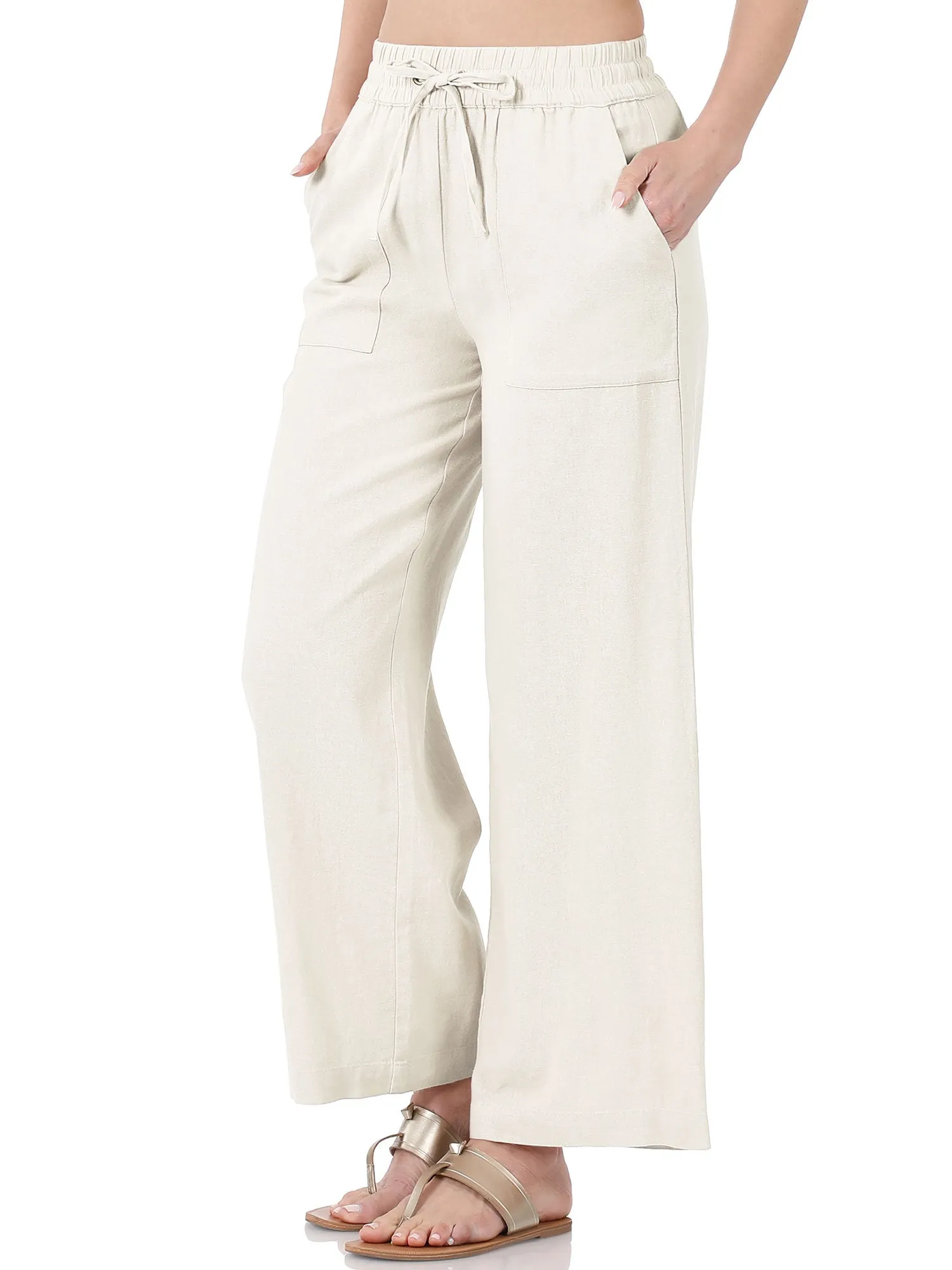 Womens Casual Linen Pants with Waist Drawstring and Side Pockets